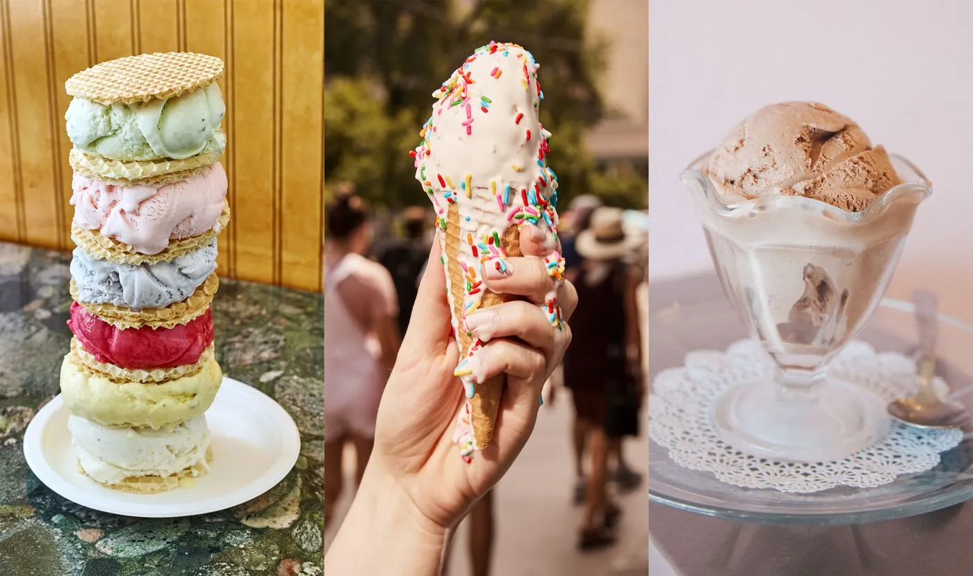 From left: Mashti from Mashti Malone’s in Los Angeles, a Mr. Softee with sprinkles in New York, and Creole Creamery’s classic chocolate in New Orleans.