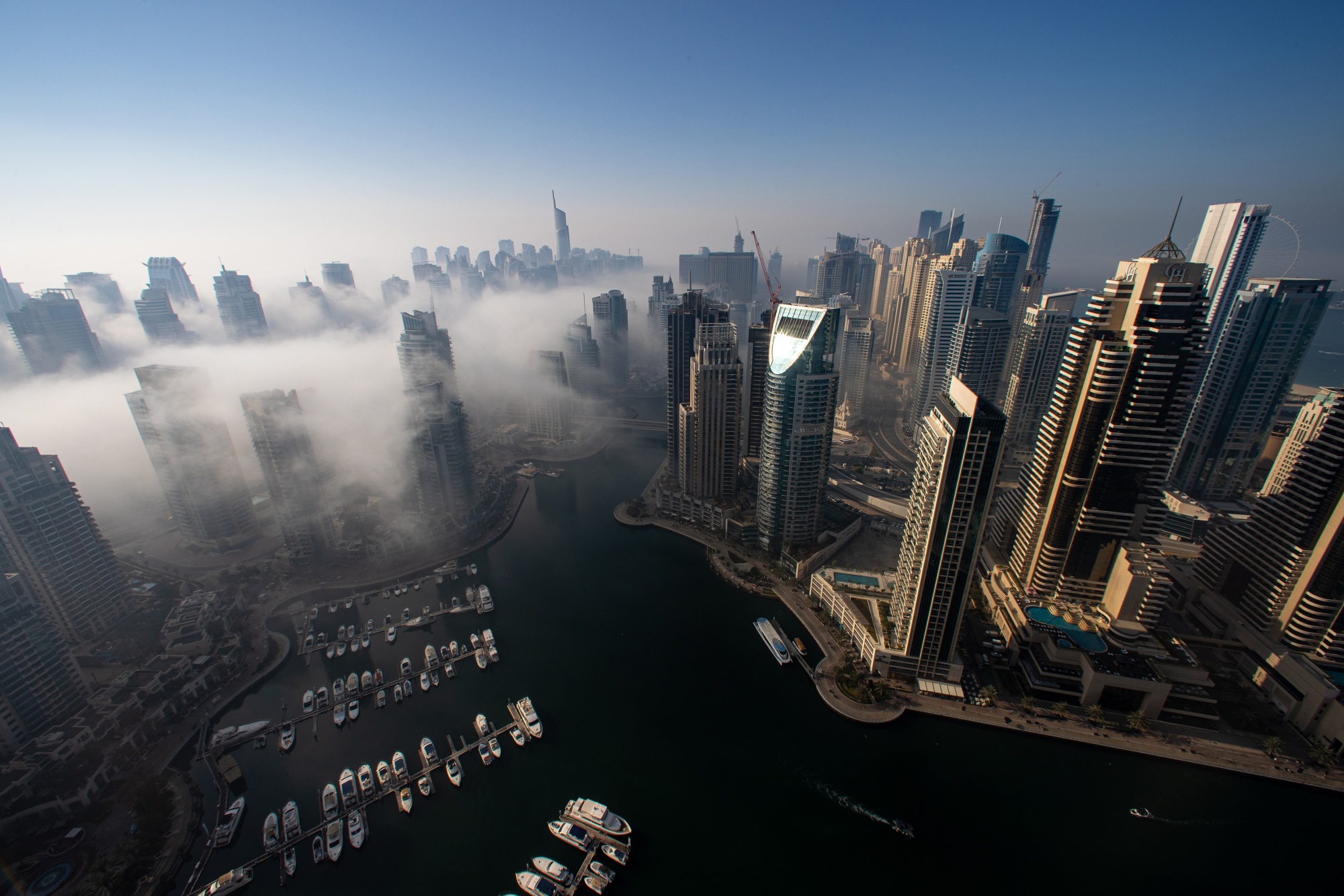 Toits de la ville de Dubaï dans un brouillard dense