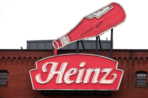 A sign advertises HJ Heinz Co. ketchup at the top of the Heinz History Center in Pittsburgh