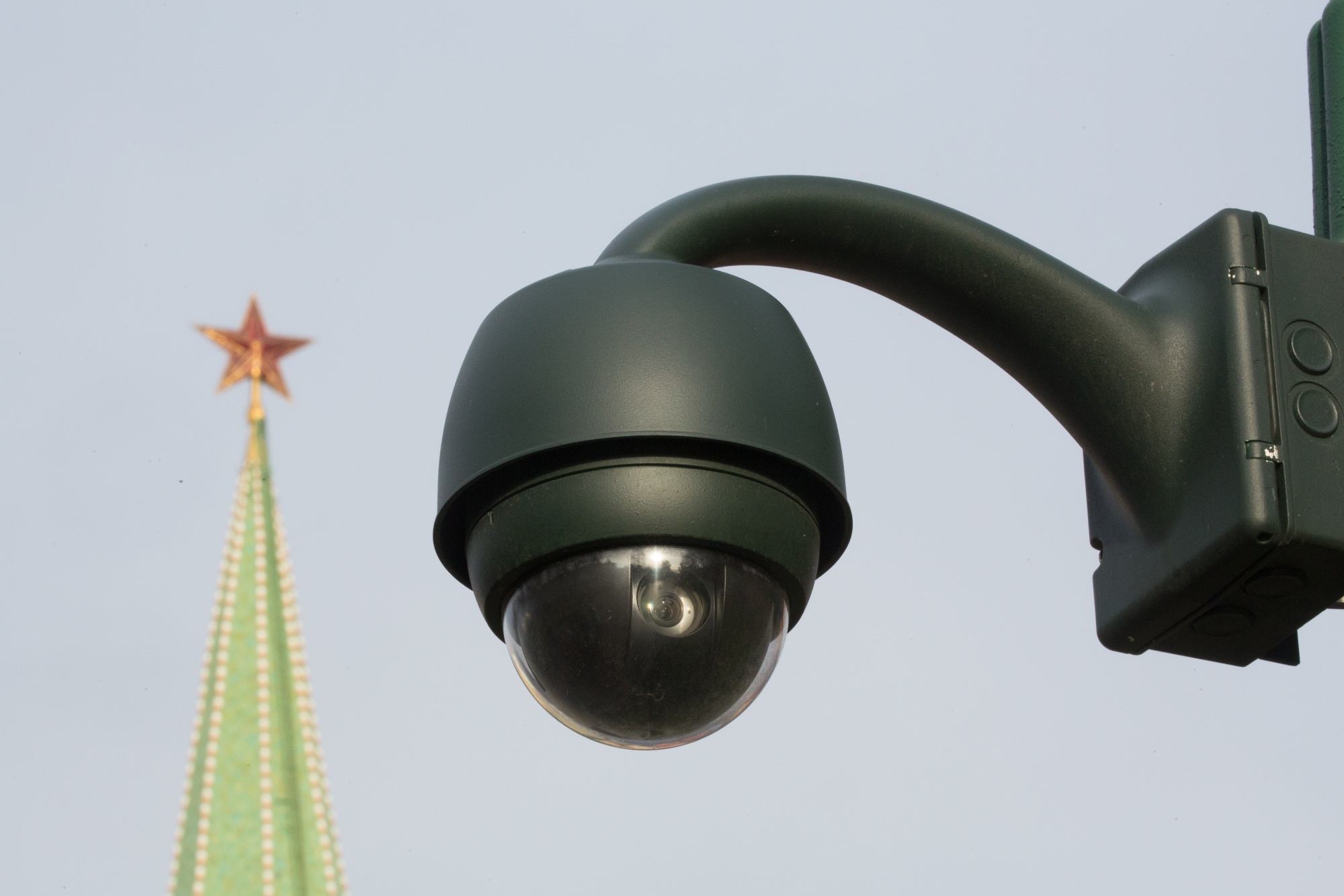 A surveillance camera at Alexander Gardens in central Moscow as the Spasskaya tower of the Kremlin stands beyond in November 2019.