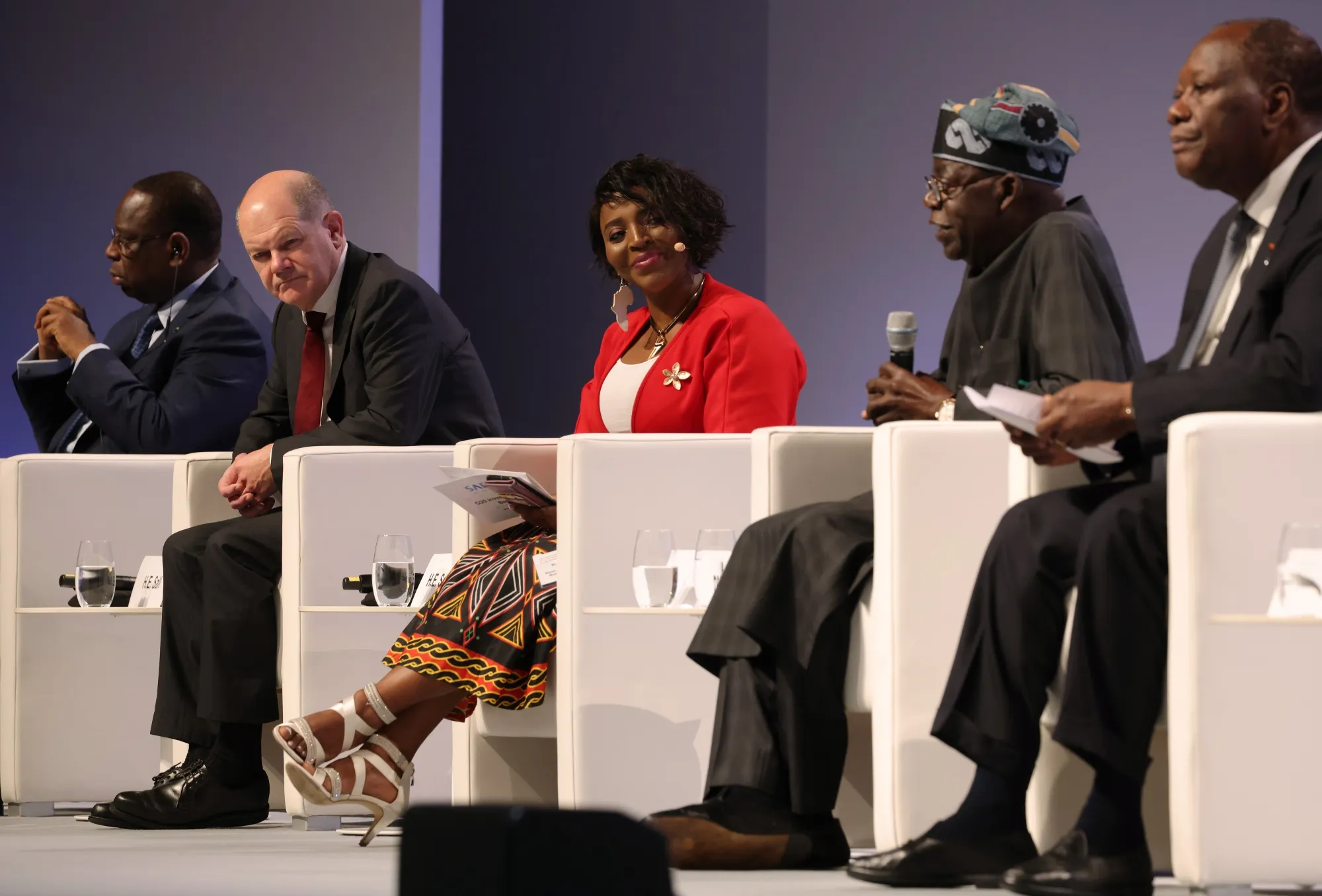 Olaf Scholz, second left during a panel session at the&nbsp;G20 Investment Summit in Berlin,&nbsp;on Nov. 20.