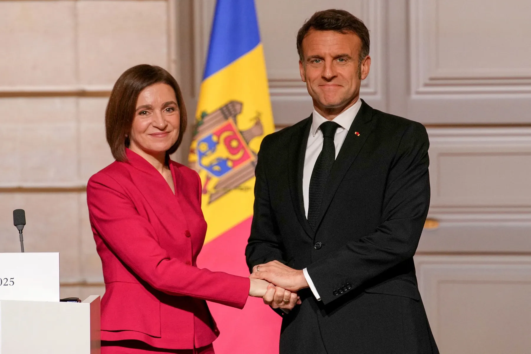 Maia Sandu and&nbsp;Emmanuel Macron following a joint press conference at the Elysee palace in Paris, on March 10.
