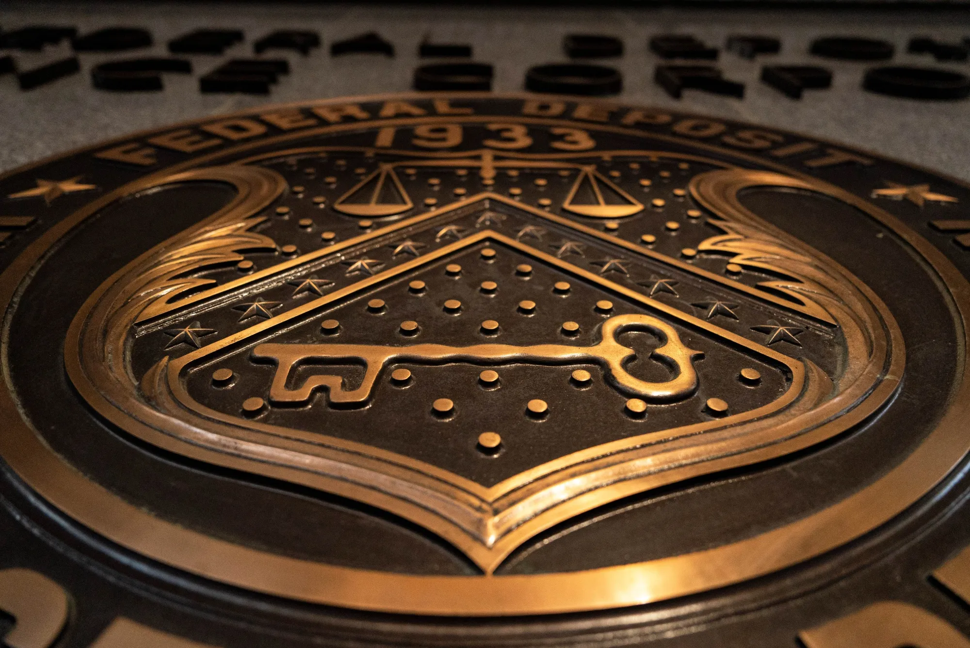 The seal of the Federal Deposit Insurance Corp. (FDIC) at the agency’s headquarters in Washington, DC.