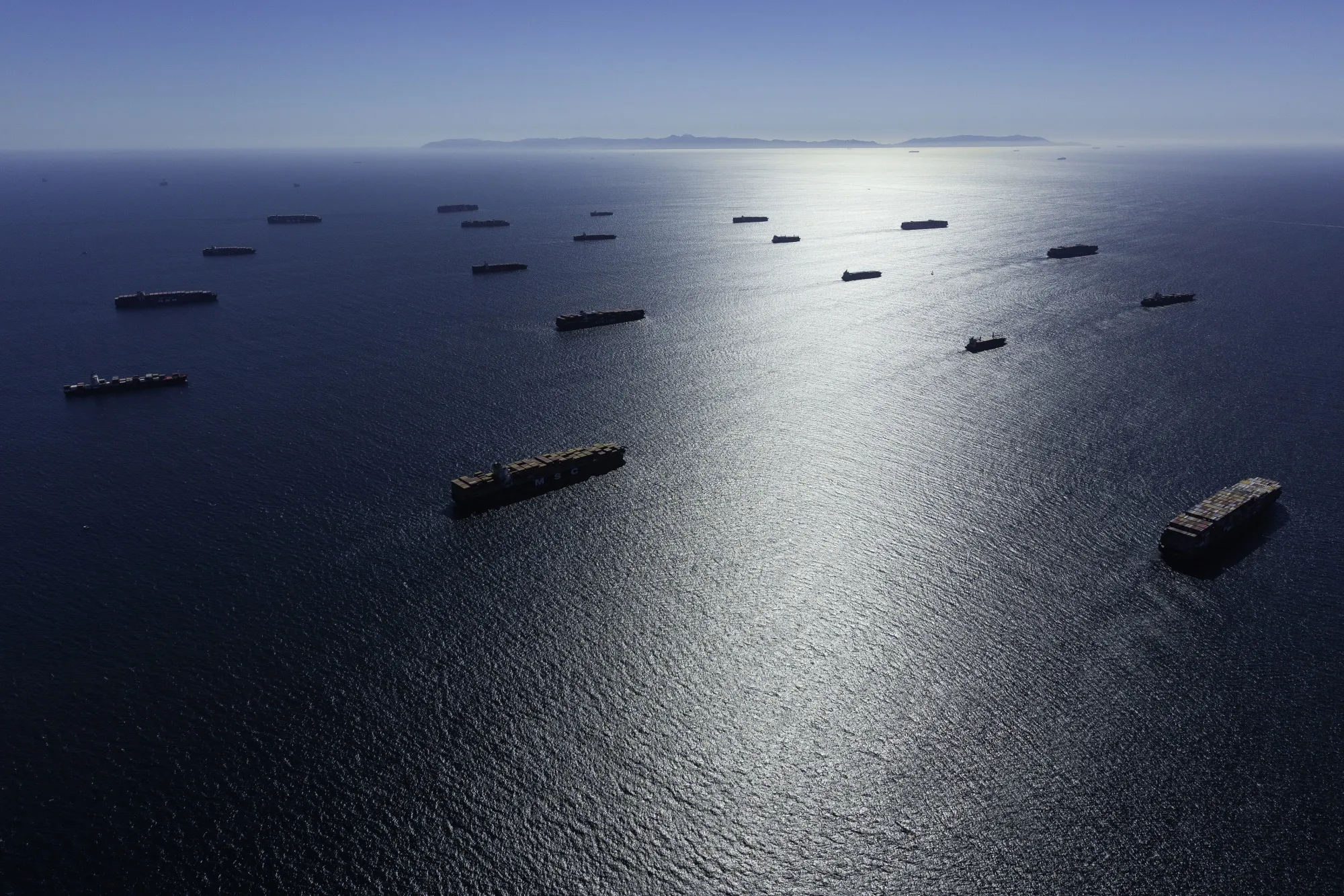 A container ship&nbsp;backup&nbsp;outside Long Beach Ports in California, on Oct. 9, 2021.