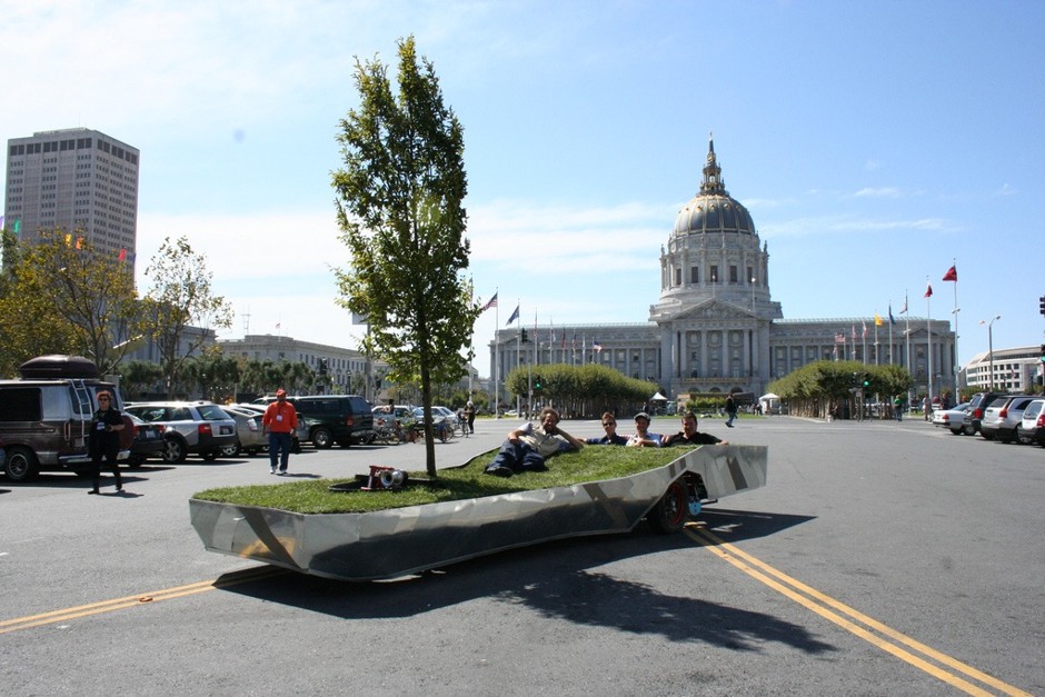 John Bela, Blaine Merker, and Matthew Passmore, the creators of Park(ing) Day, with artist Reuben Margolin at Park(ing) Day 2007, in front of San Francisco City Hall 