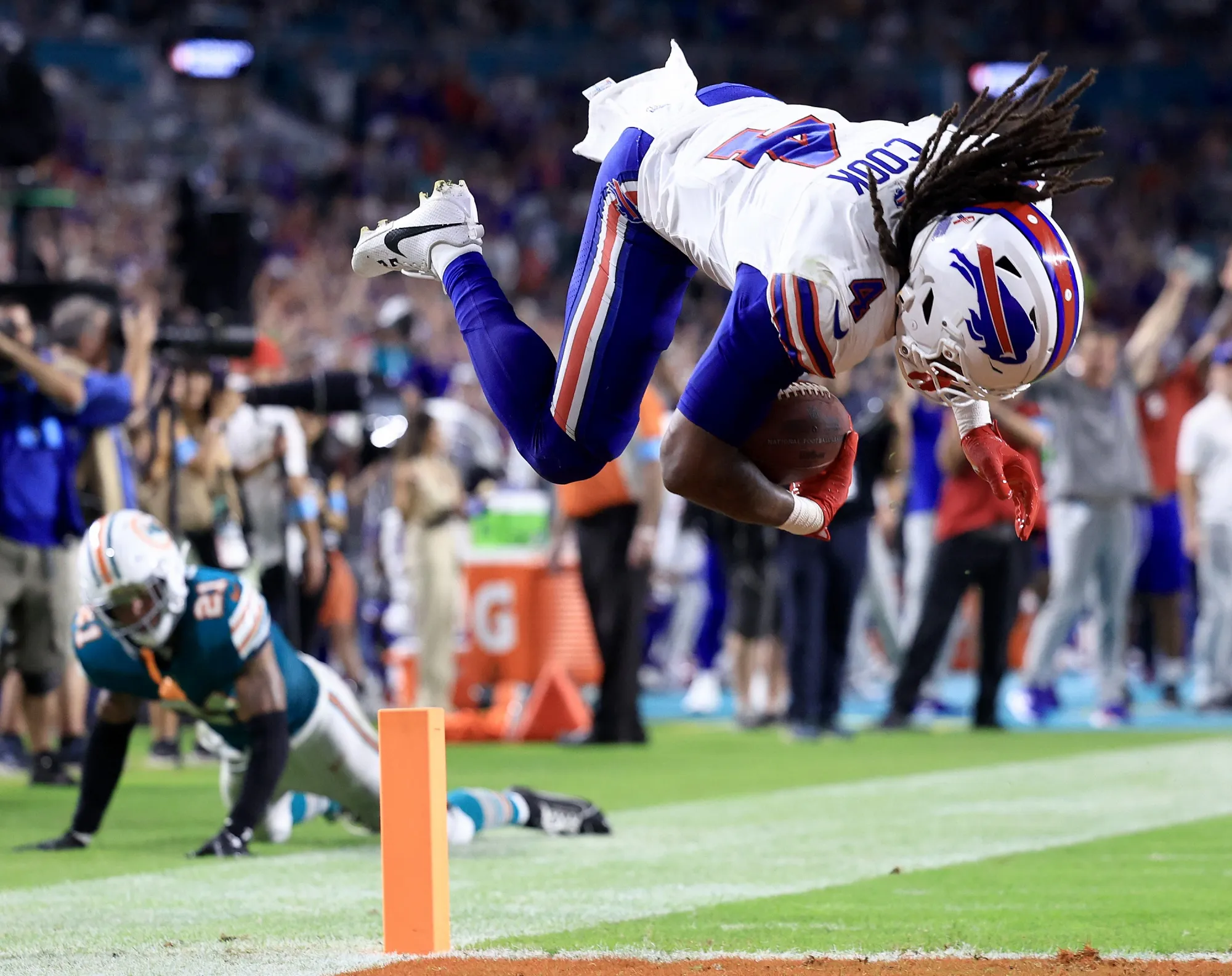 James Cook of the Buffalo Bills scores a 49-yard touchdown Thursday night against the Miami Dolphins.