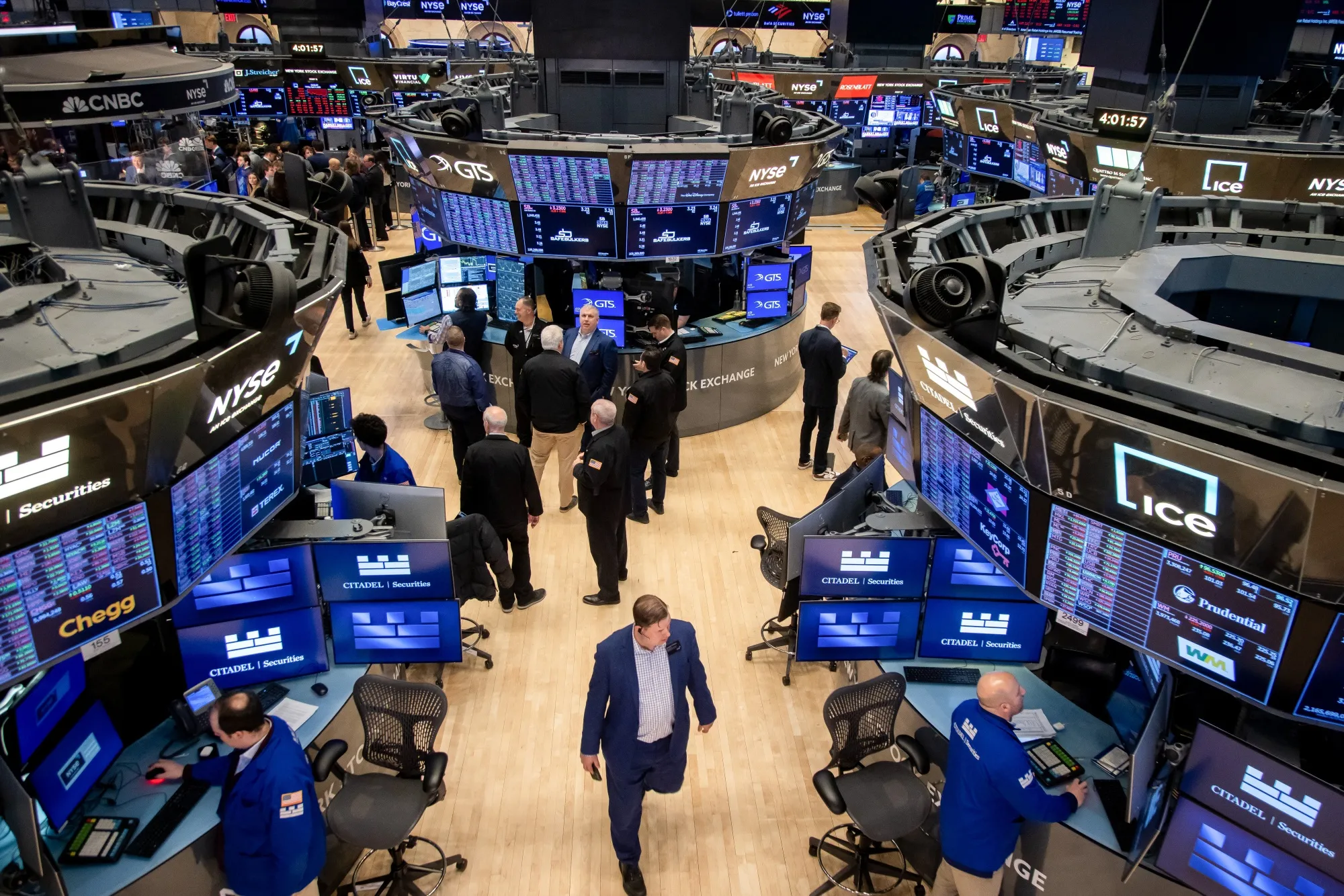 Traders work on the floor of the New York Stock Exchange.