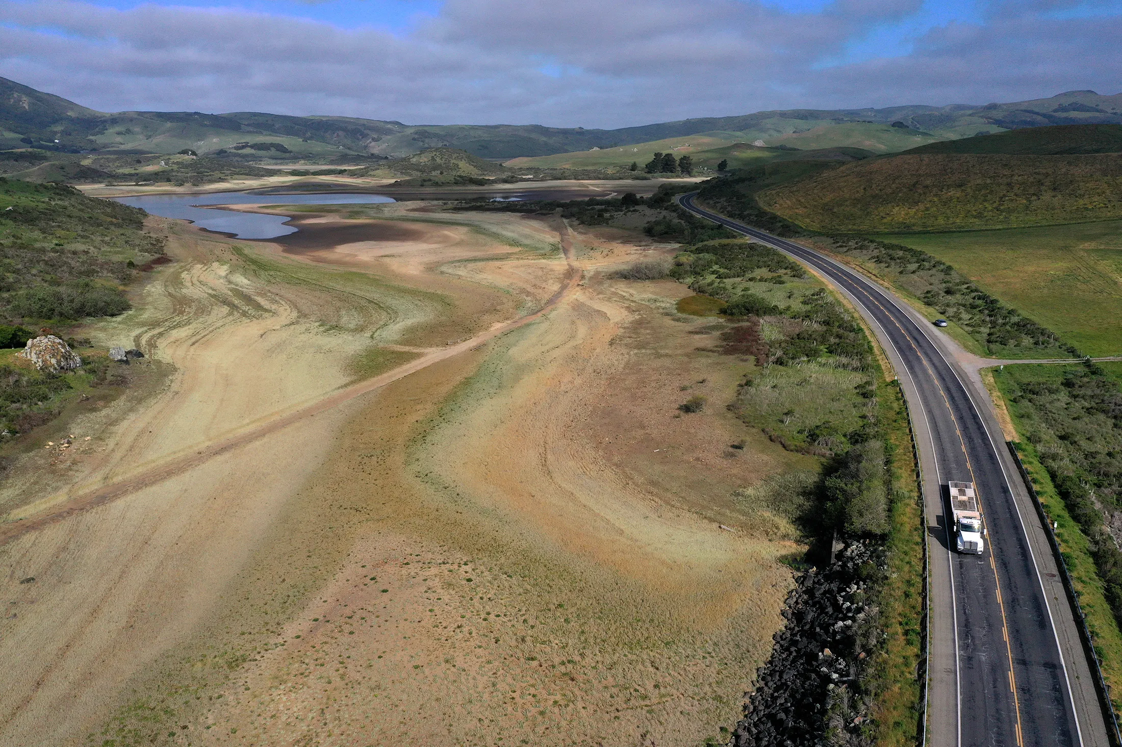 Low water levels at Nicasio Reservoir in Nicasio, California on April 23.