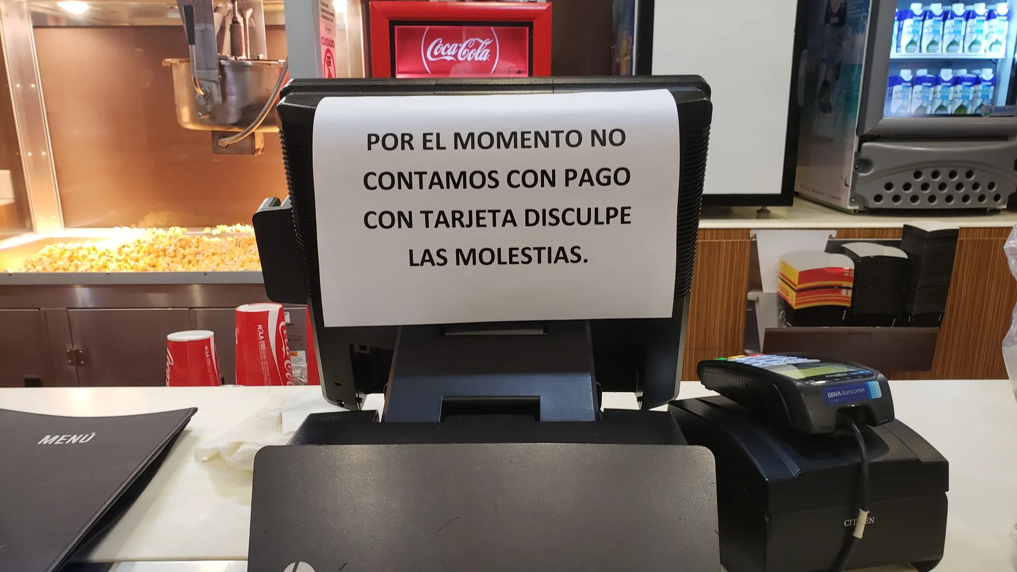 A cash register is unable to process card payments at a Cinemex theater in Mexico City.