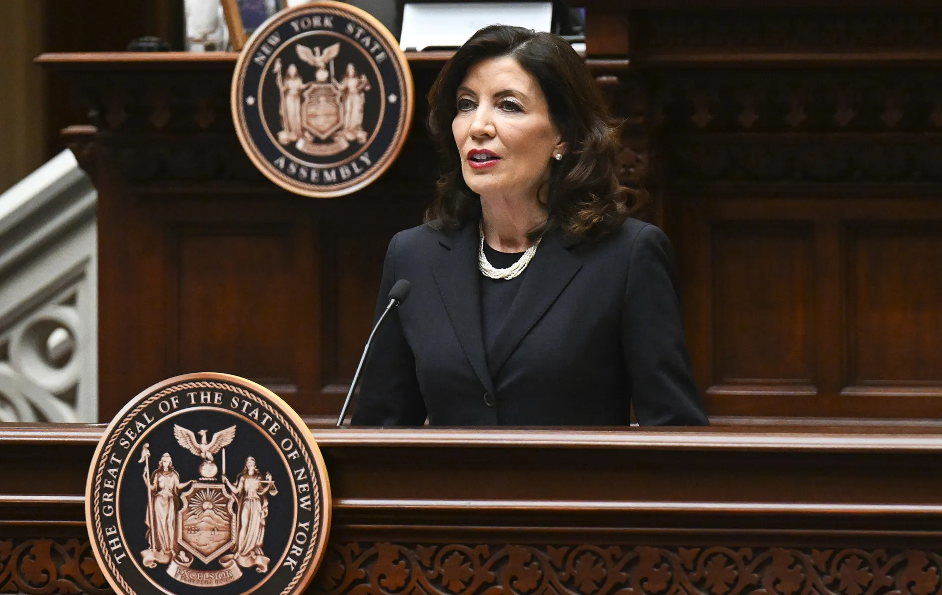 Kathy Hochul delivers her State of the State address in Albany.