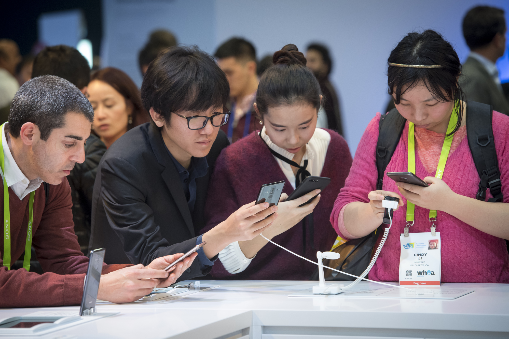 Attendees view the Huawei Technologies Mate 10 Pro smartphone during CES&nbsp;in Las Vegas on Jan. 10.