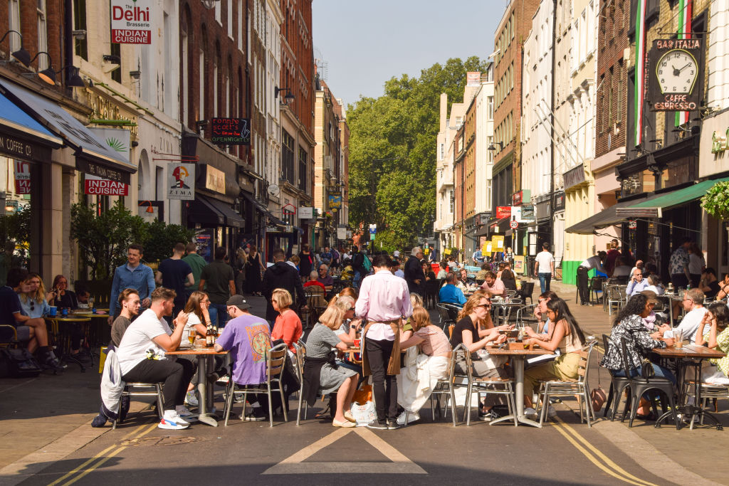 Frith Street in Soho is bustling with outdoor dining during temporary al fresco dining in 2021. Photographer: Vuk Valcic/SOPA Images/LightRocket via Getty Images