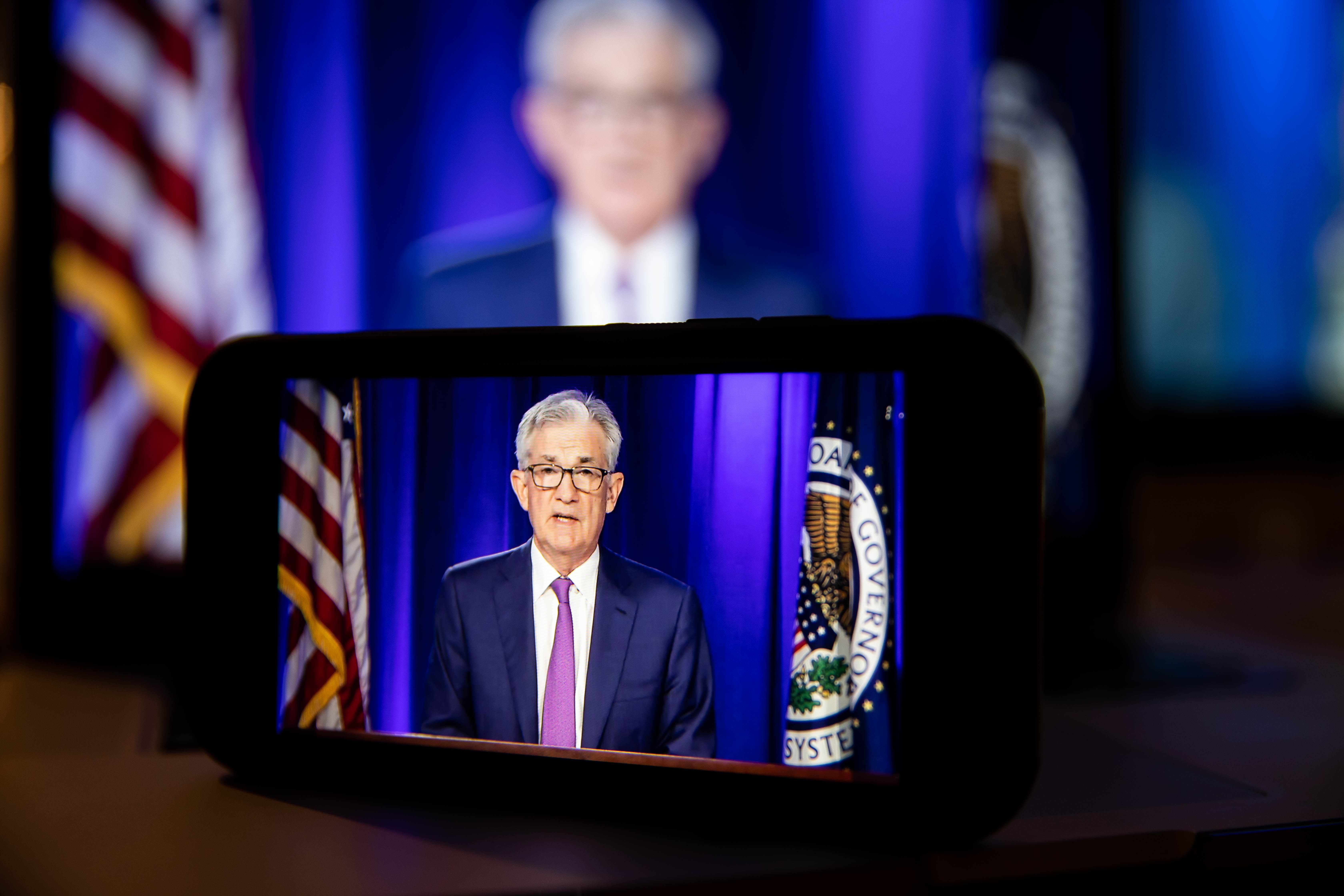 Jerome Powell&nbsp;speaks during a live-streamed news conference following a Federal Open Market Committee&nbsp;meeting.&nbsp;