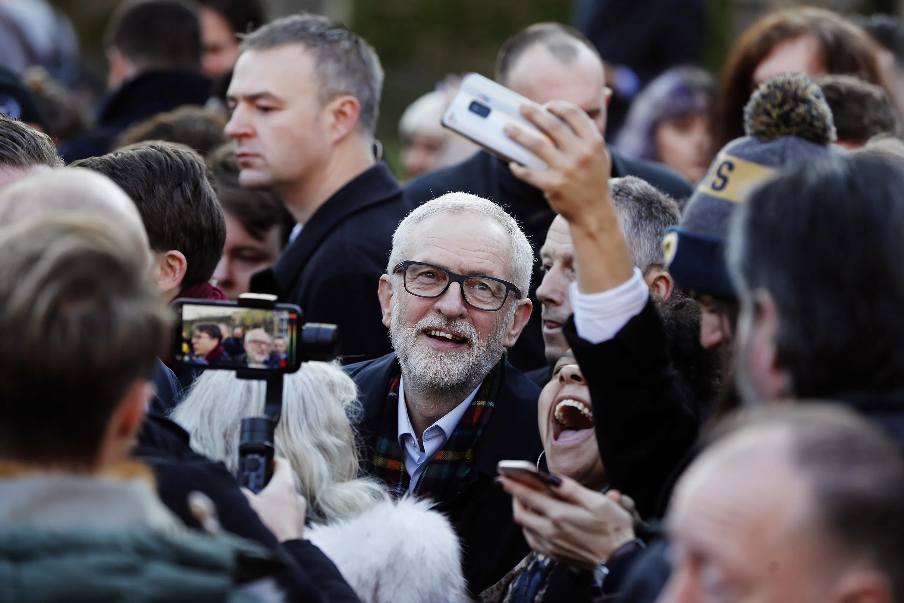 Jeremy Corbyn poses for photos during a General Election advertisement launch in Nottingam on Dec. 4.