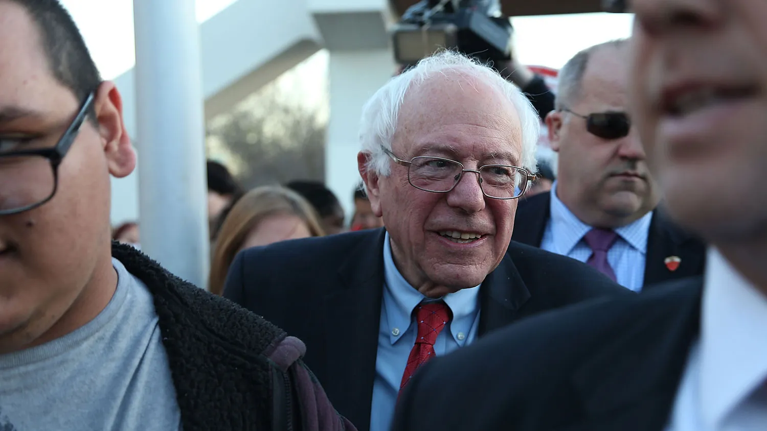 Democratic presidential candidate Bernie Sanders visits with Culinary Local 226 members as they protest outside Sunrise Hospital and Medical Center on Feb. 18, 2016, in Las Vegas.
