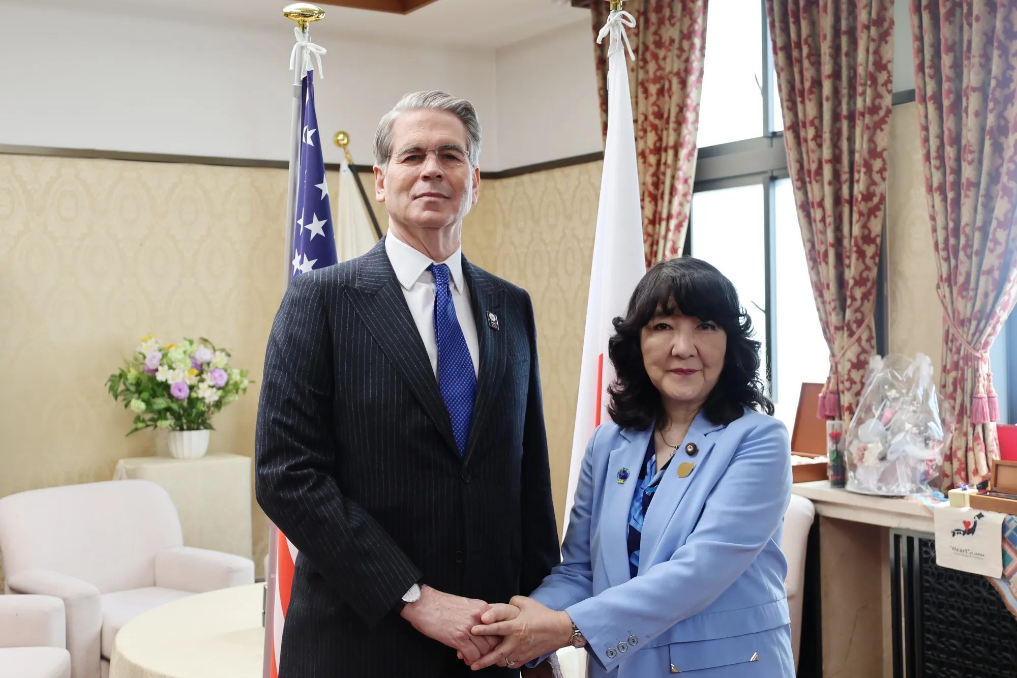 Scott Bessent, left, with Satsuki Katayama in Tokyo on May 12.
