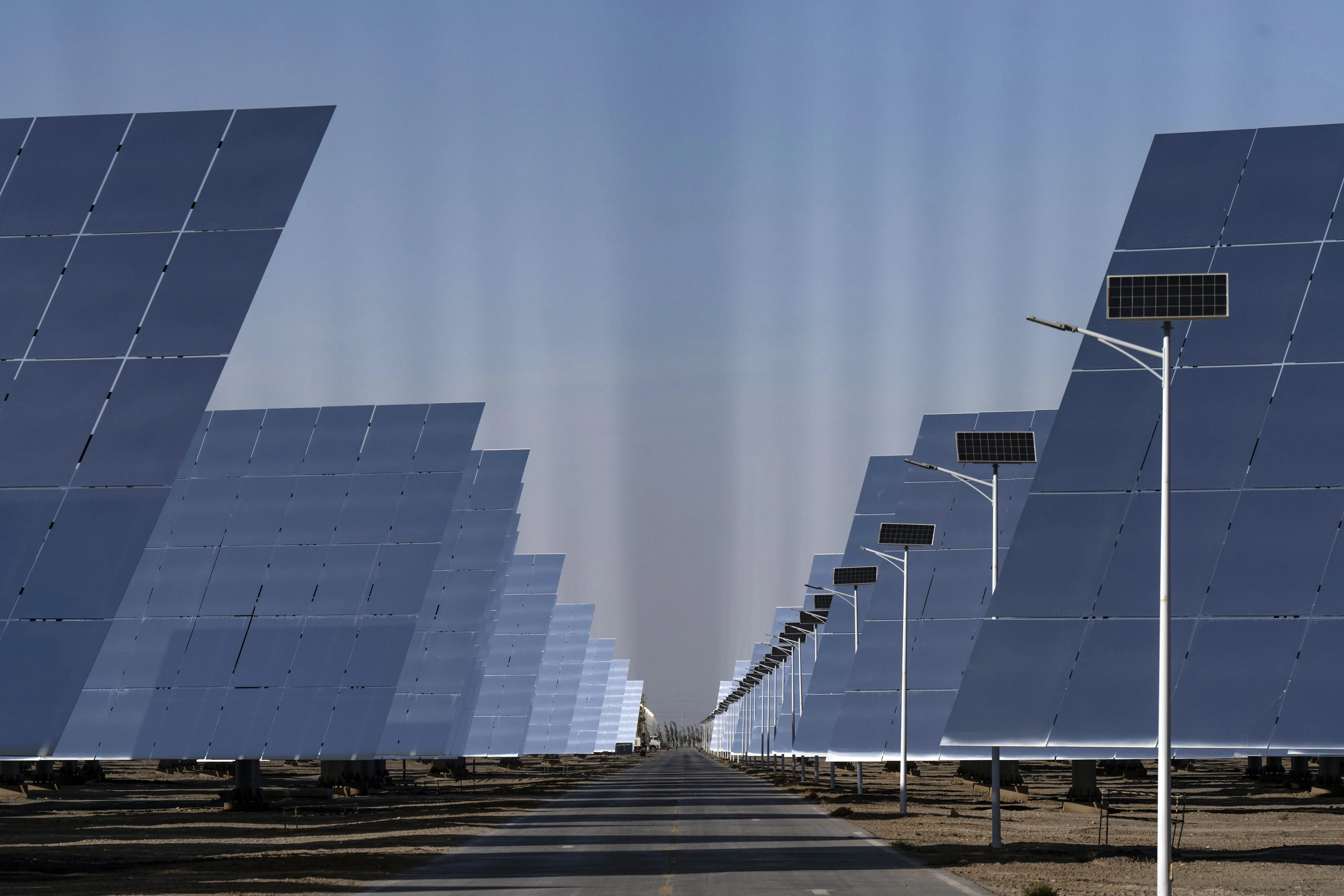 Solar panels at a photovoltaic power station at the Dunhuang Photovoltaic Industrial Park in Dunhuang, Gansu Province, China, on Wednesday, Oct. 16, 2024.&nbsp;