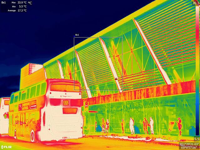 Ikea: One of the companies most vocal about its commitment to sustainability, Ikea’s insulation system for its store in London seems to be working. The shadings on the façade seem to be capturing the heat from the morning sun, and the inside of the building appears cool. In front of it, a double-decked bus’ engine emits heat.