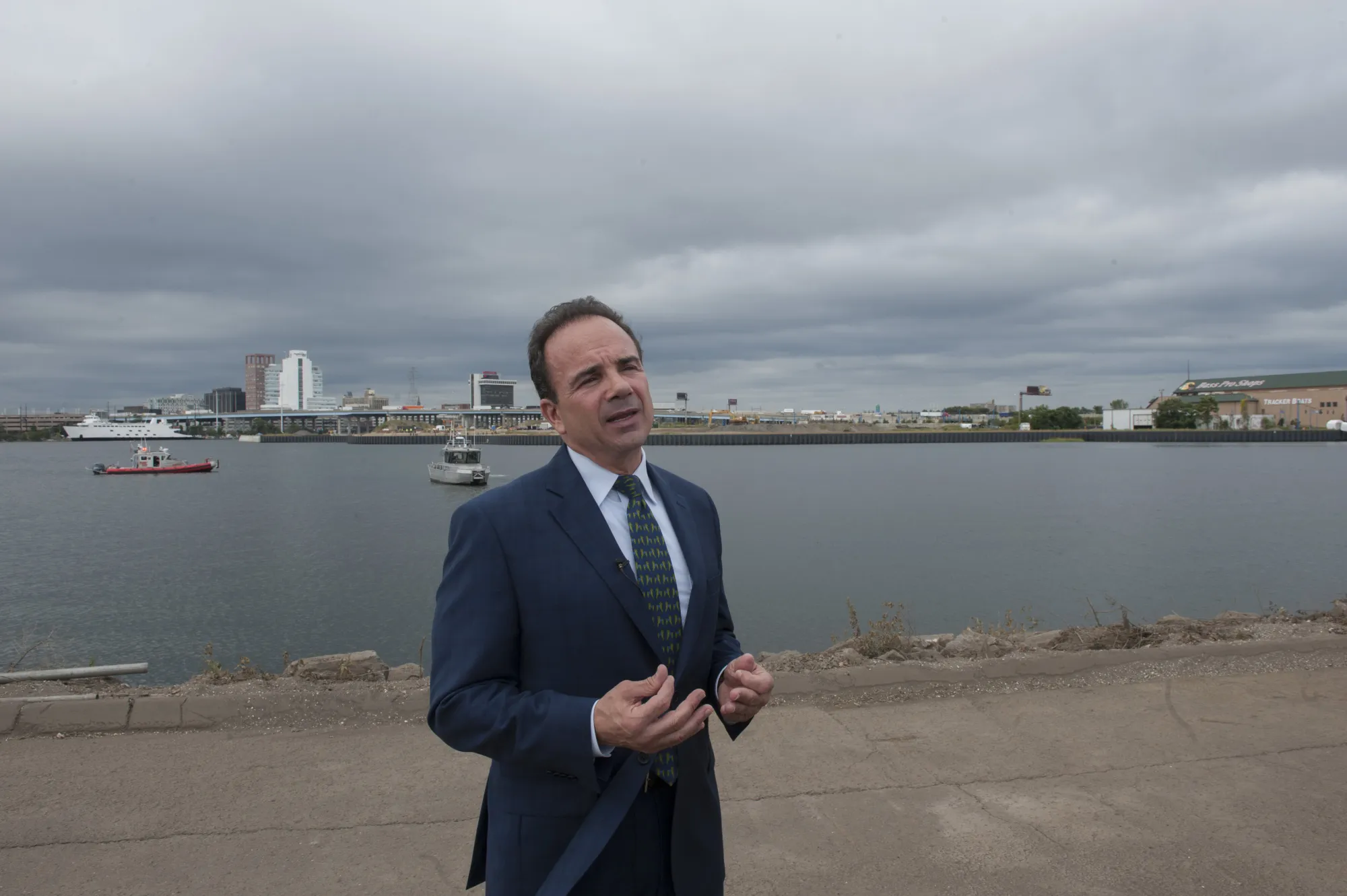 Joseph Ganim, mayor of Bridgeport, speaks to the media following a news conference at Steelpointe Harbor in Bridgeport, Connecticut in 2017.