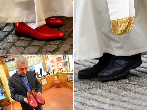 Clockwise from top left: Benedict's blood-red loafers; Pope Francis has opted for more workmanlike, confortable footwear; papal shoemaker Adriano Stefanelli with the model of loafers worn by Pope Benedict.