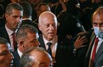 President Kais Saied celebrates with supporters in the capital Tunis on July 26.