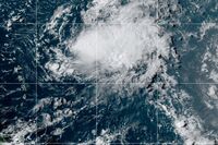 Satellite view of Tropical Storm Josephine approximately 1900 miles from the US coast, on Aug. 14, 2020. 