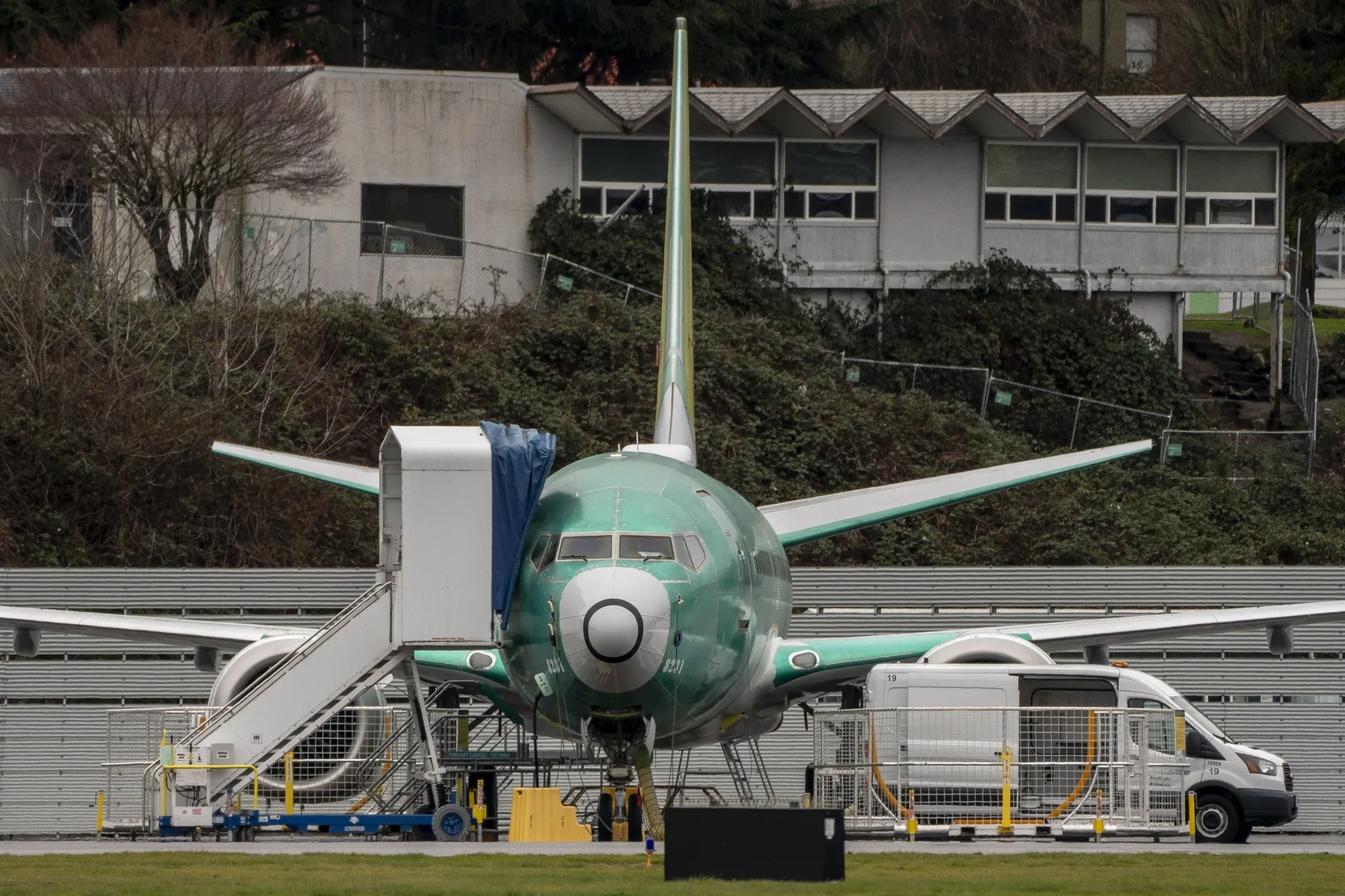 A Boeing Co. 737 Max airplane outside the company's manufacturing facility in Renton.
