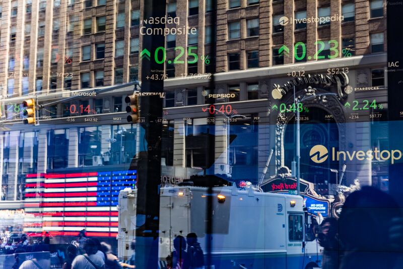 The Nasdaq MarketSite in New York, US, on Tuesday, Aug. 27, 2024. Stock traders gearing up for Federal Reserve rate cuts piled into riskier corners of the market amid a rotation out of the tech megacaps that have powered the bull run.