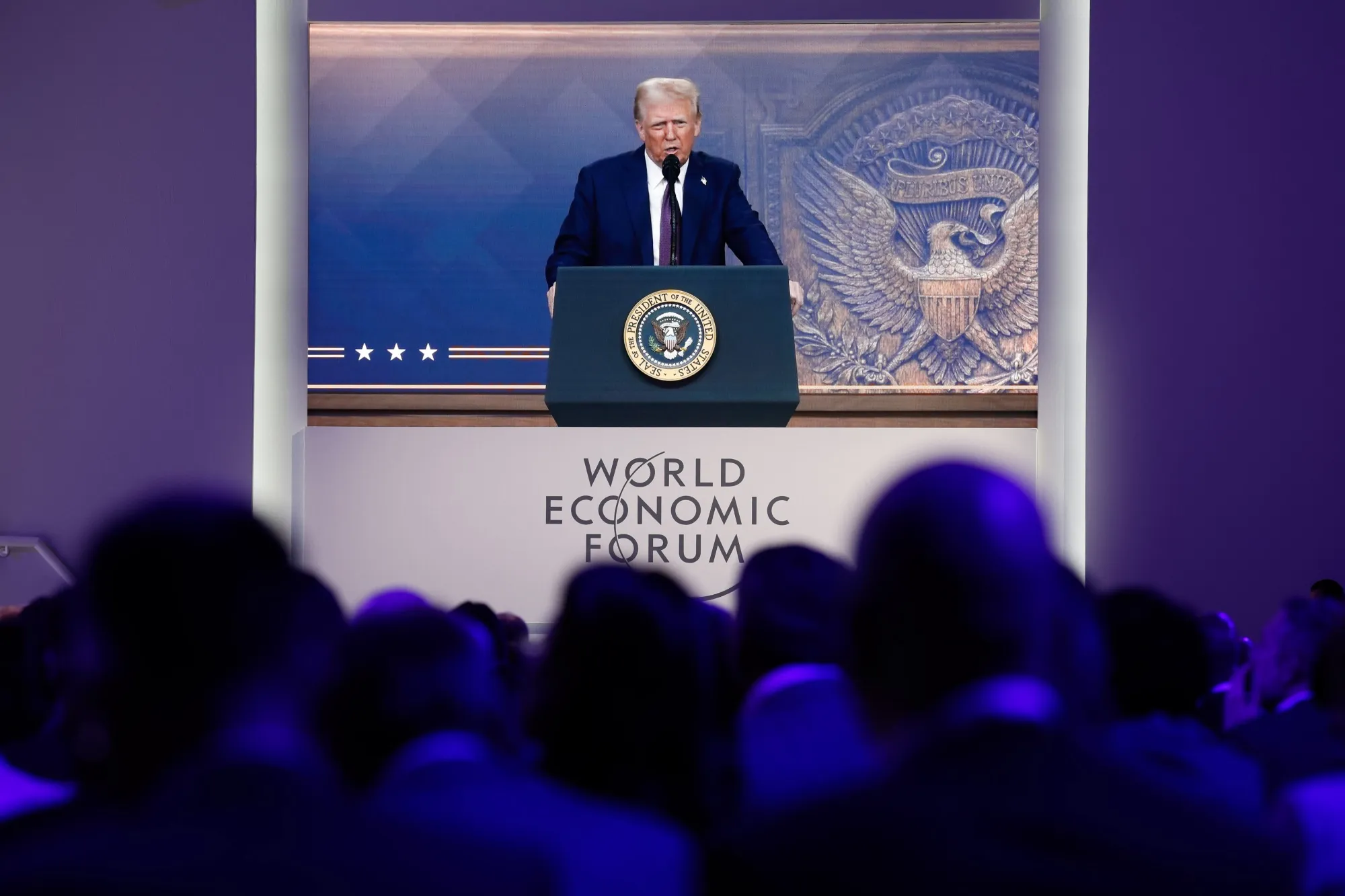 US President Donald Trump making&nbsp;a&nbsp;virtual address to the World Economic Forum&nbsp;in Davos, Switzerland, on Jan. 23.