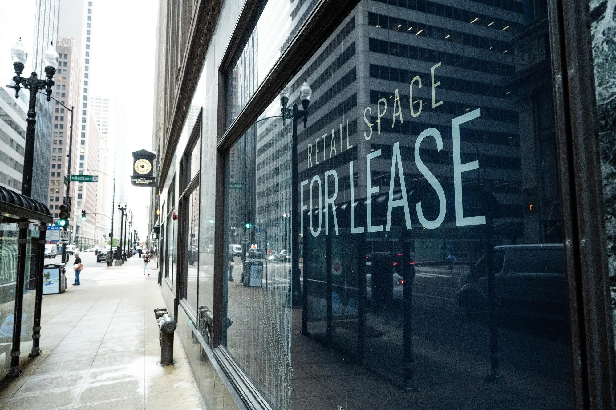 A “For Lease”&nbsp;sign at a storefront in the Loop neighborhood of Chicago, Illinois.