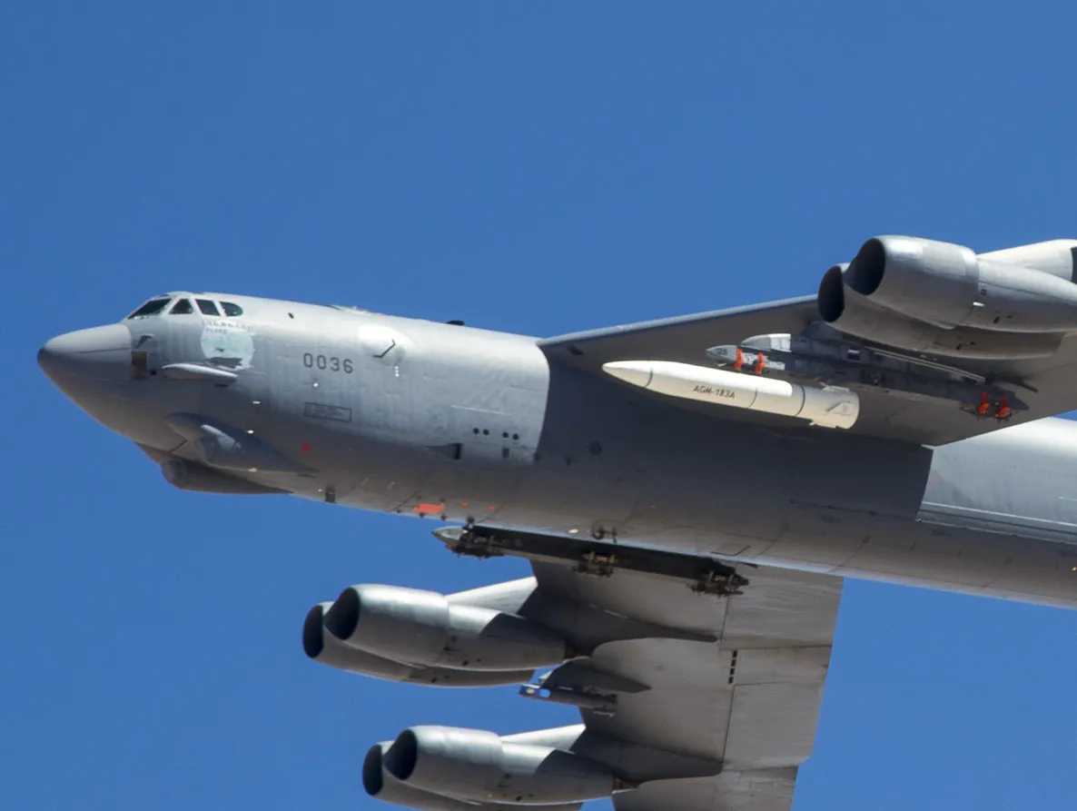 A U.S. Air Force B-52 aircraft carries a prototype air-launched hypersonic weapon.