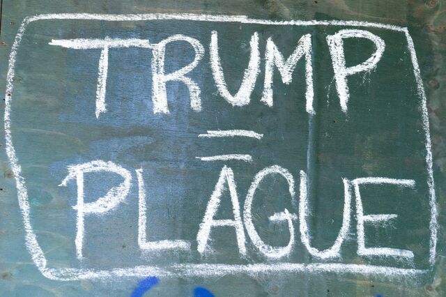 "Trump equals plague" graffiti, Rogers Place at Park Place, Brooklyn