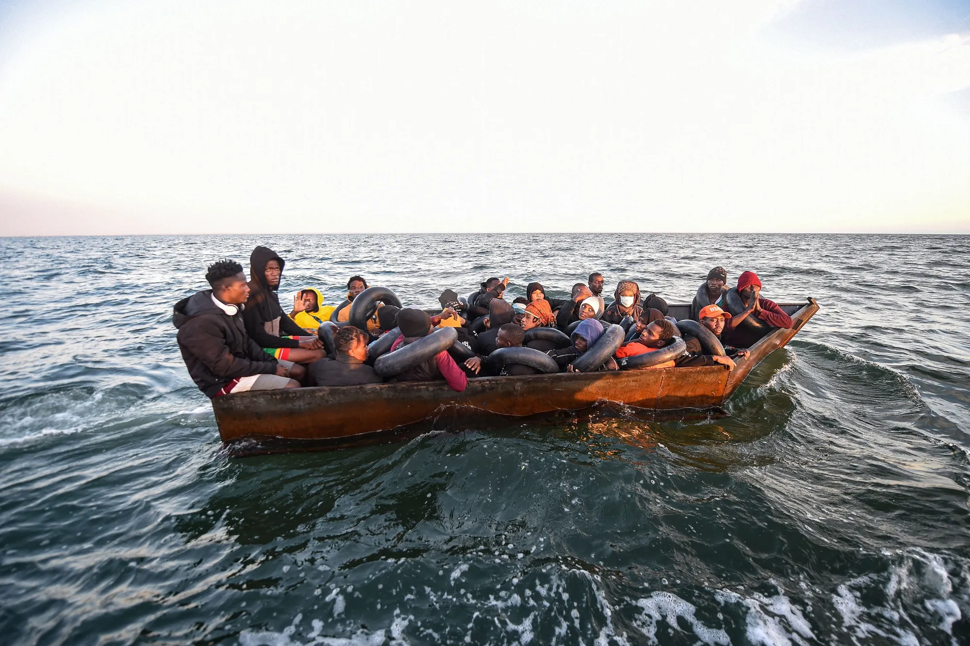Migrants heading towards Italy are intercepted by Tunisian authorities off the coast of Sfax, Tunisia, on Oct. 4.