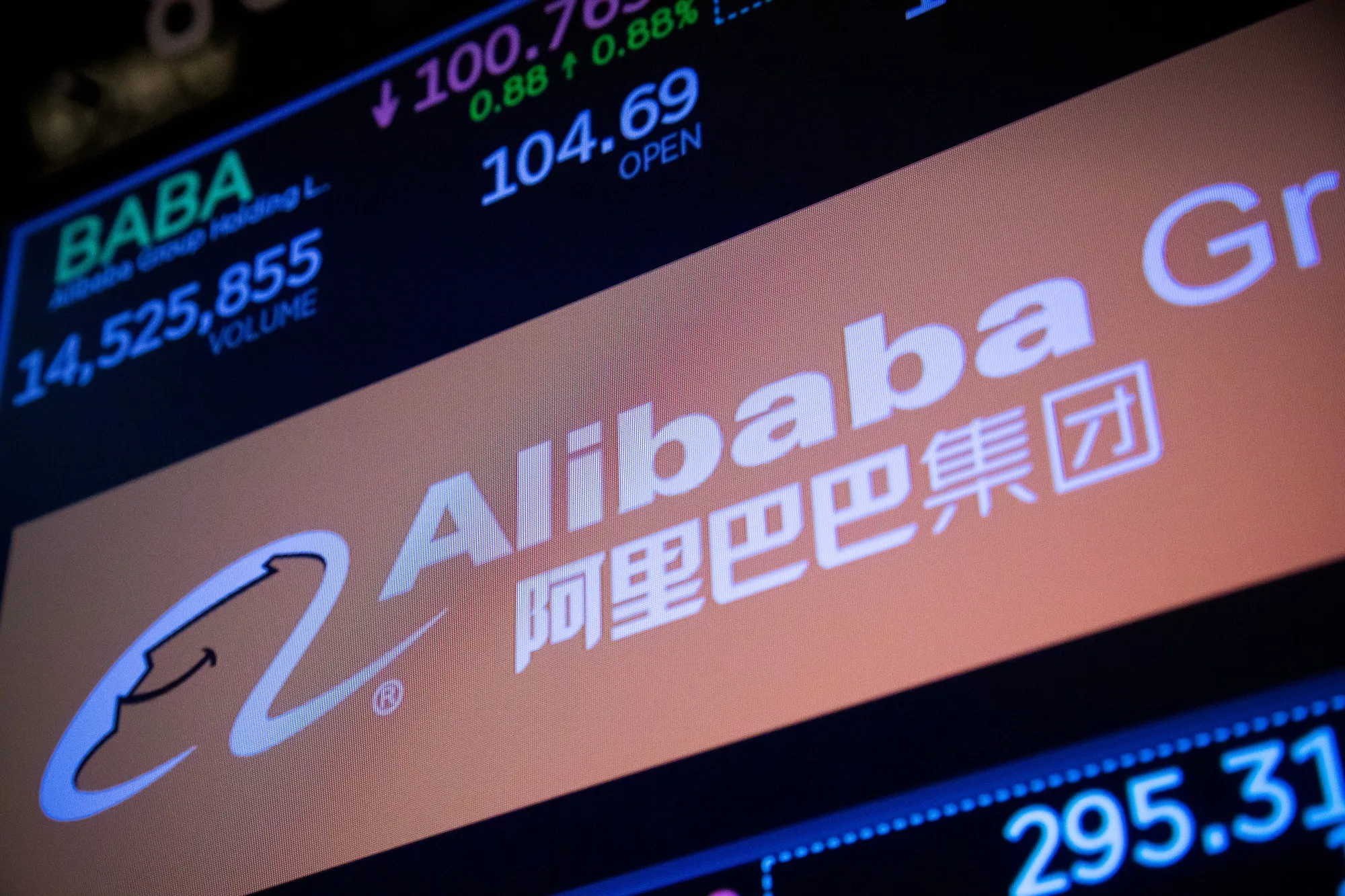 Alibaba Group Holding Ltd signage on a monitor on the floor of the New York Stock Exchange (NYSE) in New York.