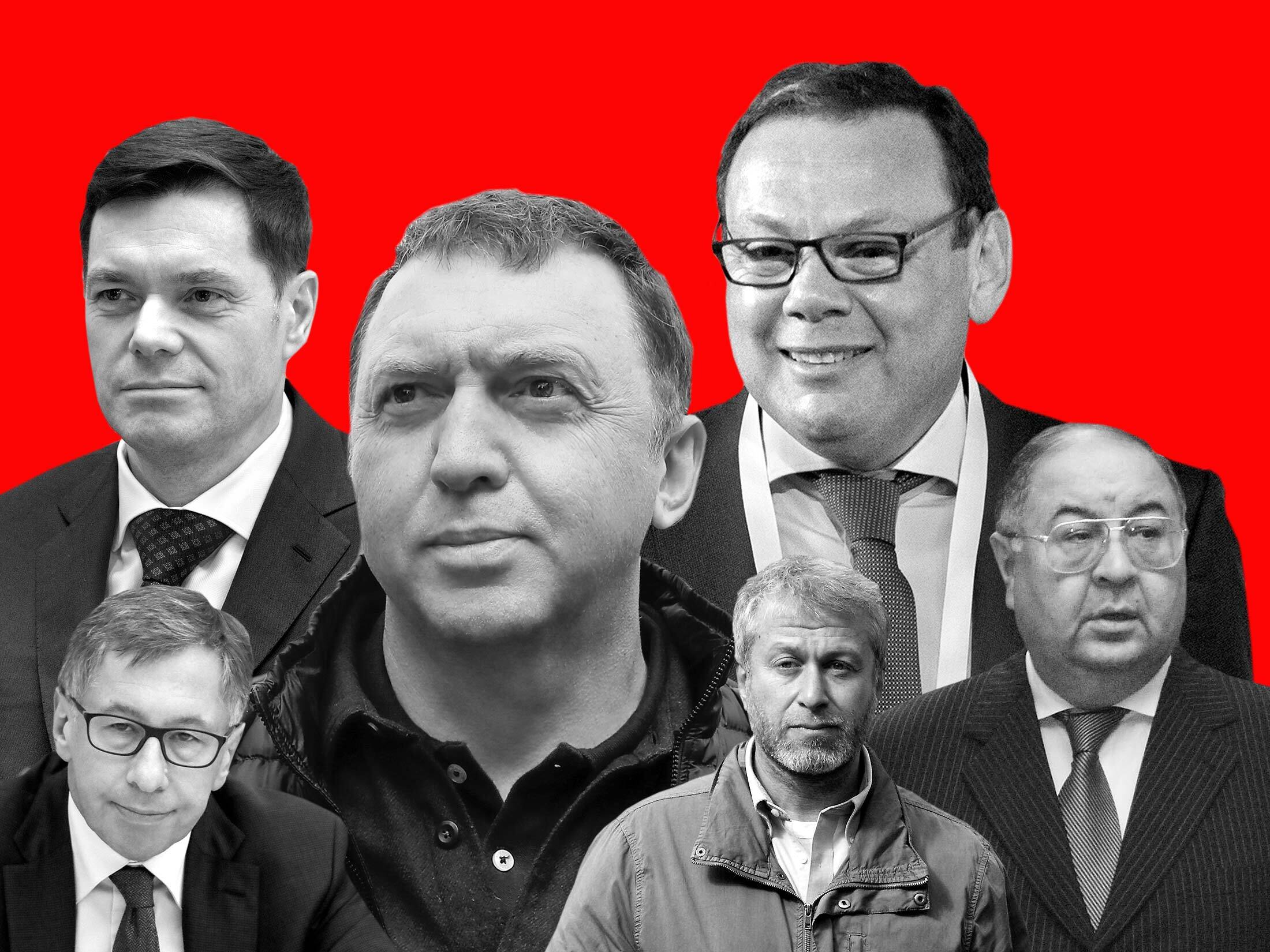Some of Russia’s wealthiest oligarchs include (from bottom left) Petr Aven, Alexei Mordashov, Oleg Deripaska, Roman Abramovich, Mikhail Fridman, and Alisher Usmanov.