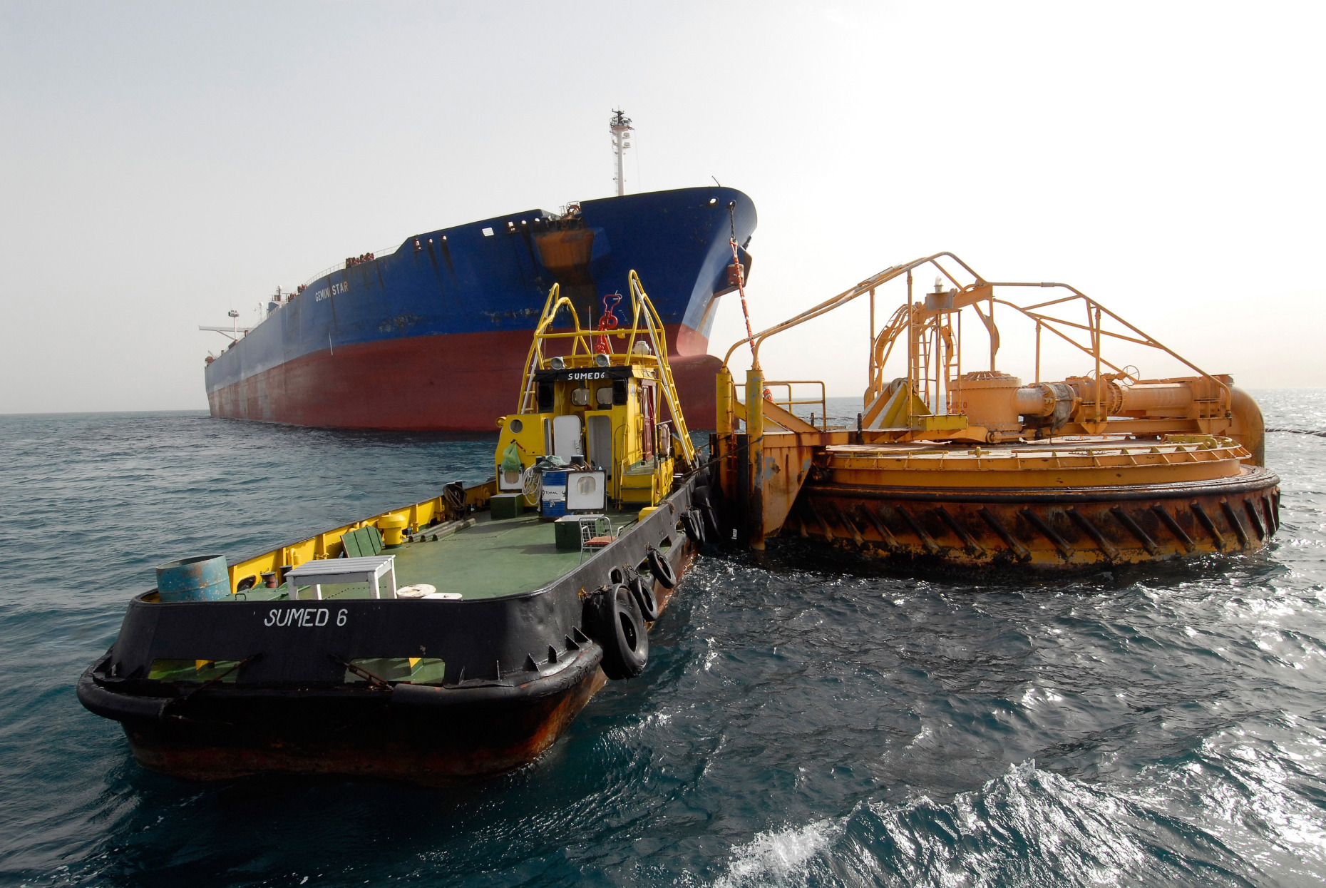 An oil tanker offloads into a single buoy mooring at the start of the Sumed pipeline in the Gulf of Suez,&nbsp;Egypt.