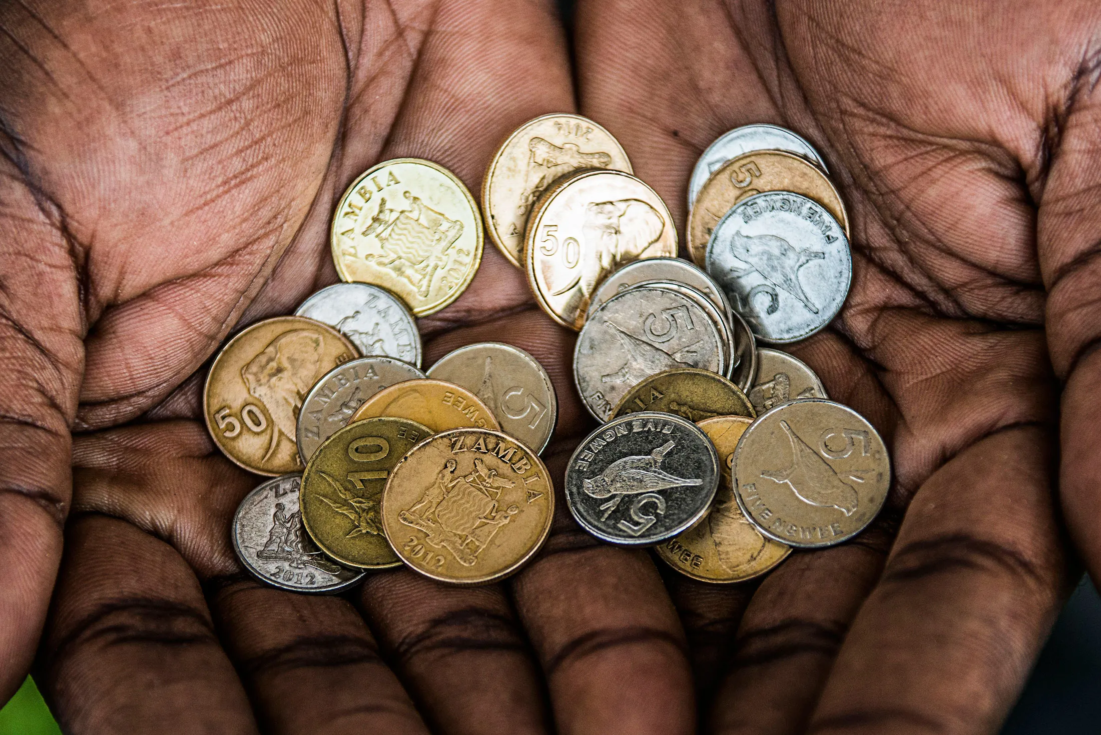 Zambian kwacha 5, 10 and 50 denomination ngwee coins.
