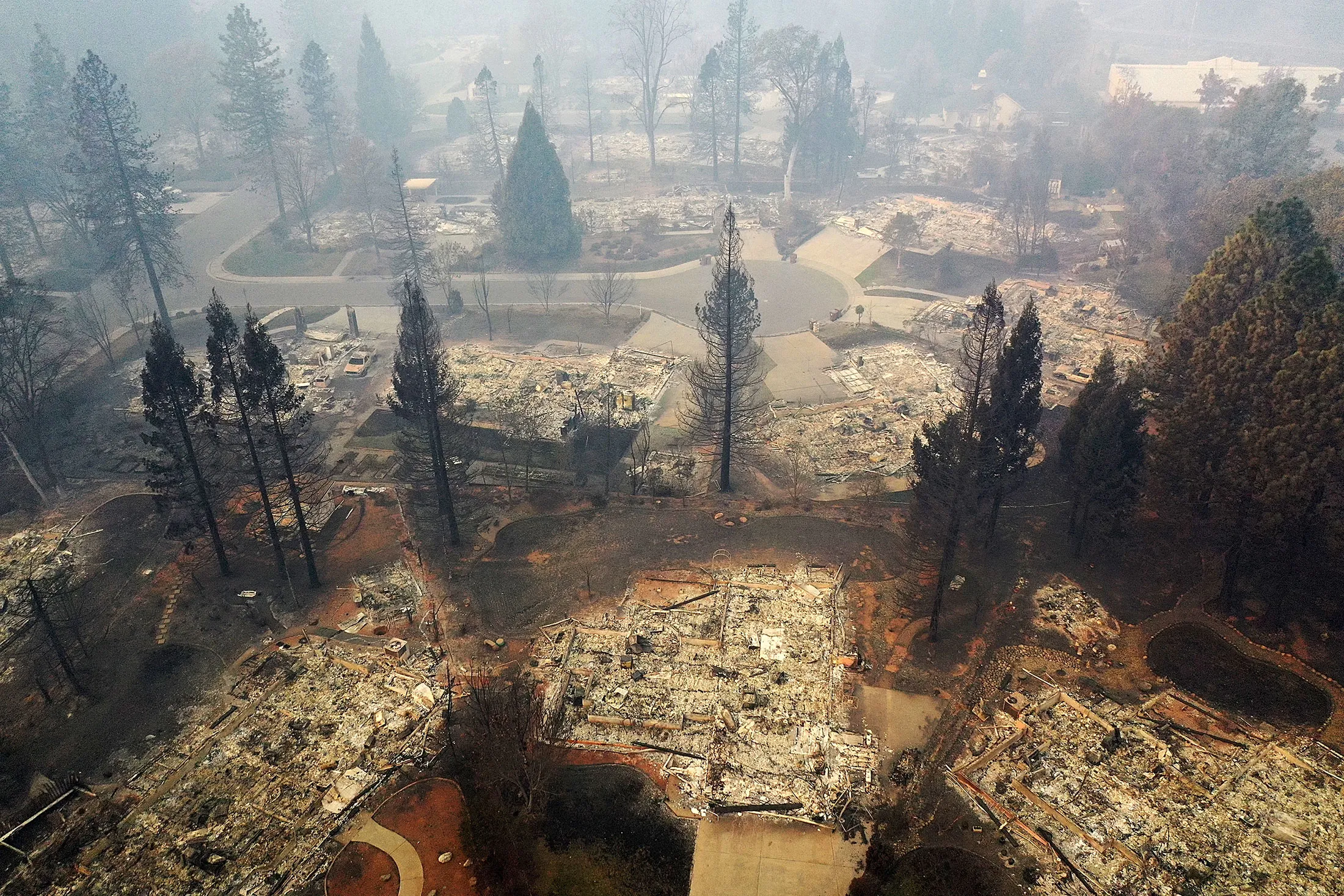 An aerial view of a neighborhood destroyed by the Camp Fire&nbsp;in Paradise.