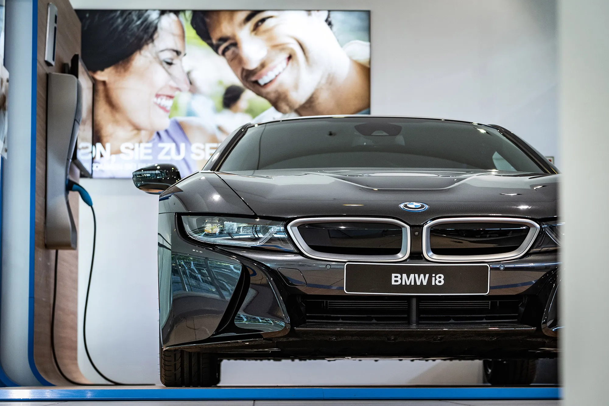 A BMW automobile i8 electric vehicle