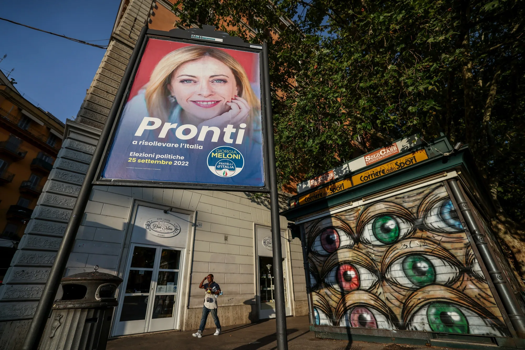 An election poster of Giorgia Meloni, in Rome, on&nbsp;Aug. 10.&nbsp;