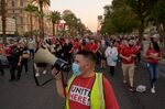 Cuilnary Union members and supporters rally in Las Vegas, Nevada, on Sept. 24, 2021.