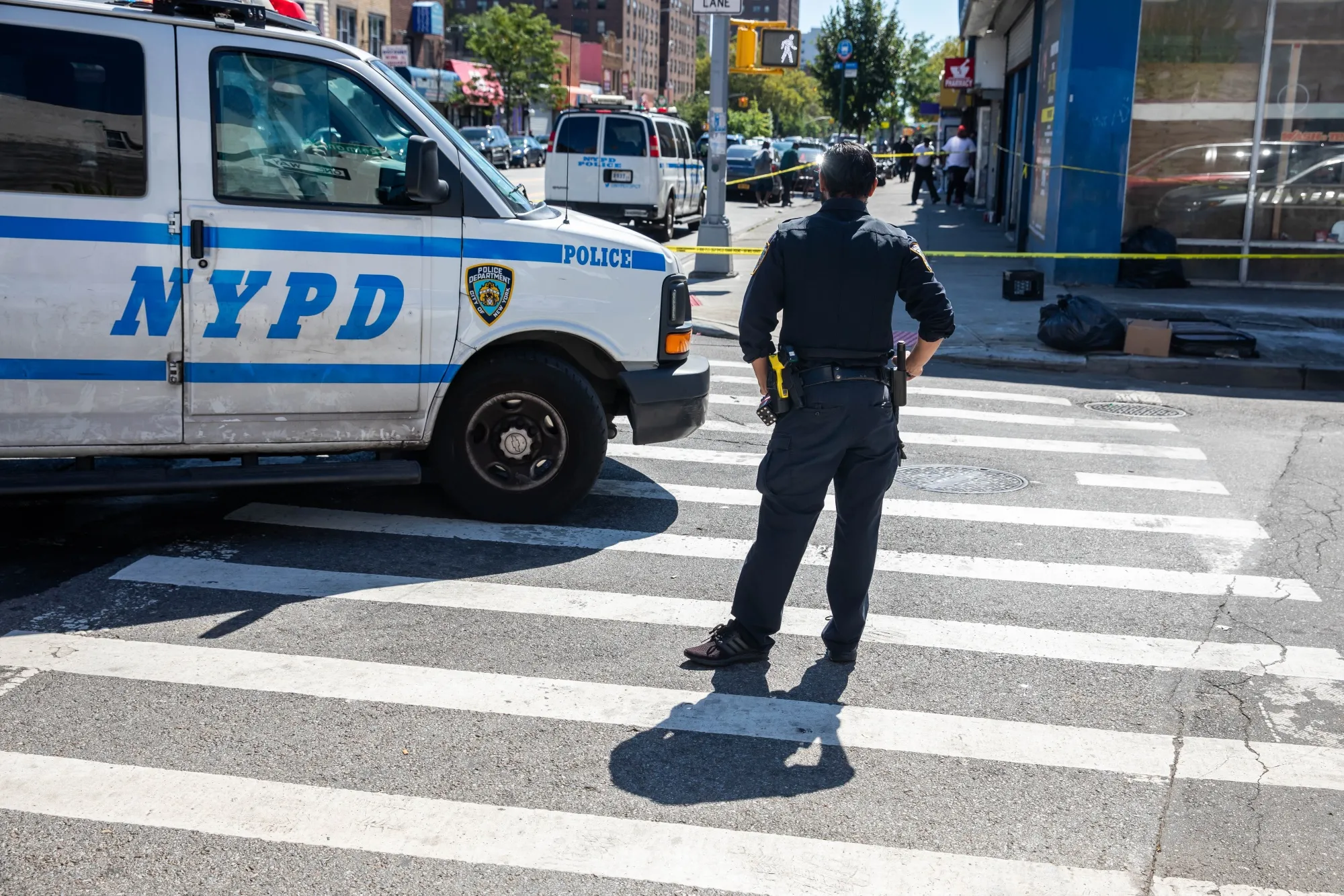 An NYPD officer monitors a crime scene&nbsp;in the Brooklyn borough of New York.&nbsp;