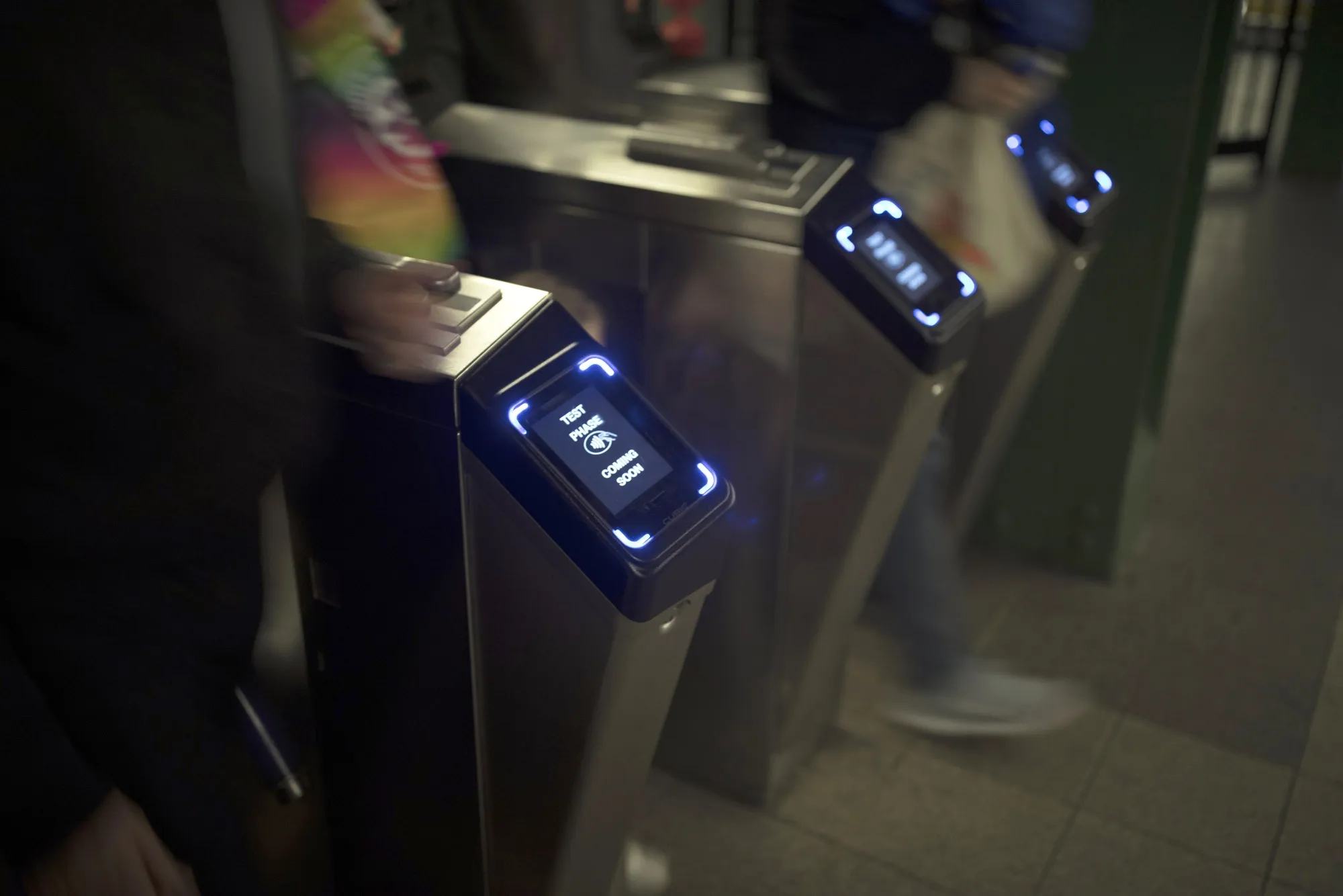 The One Metro New York (OMNY)&nbsp;contactless fare payment system on turnstiles&nbsp;at a subway station in New York.