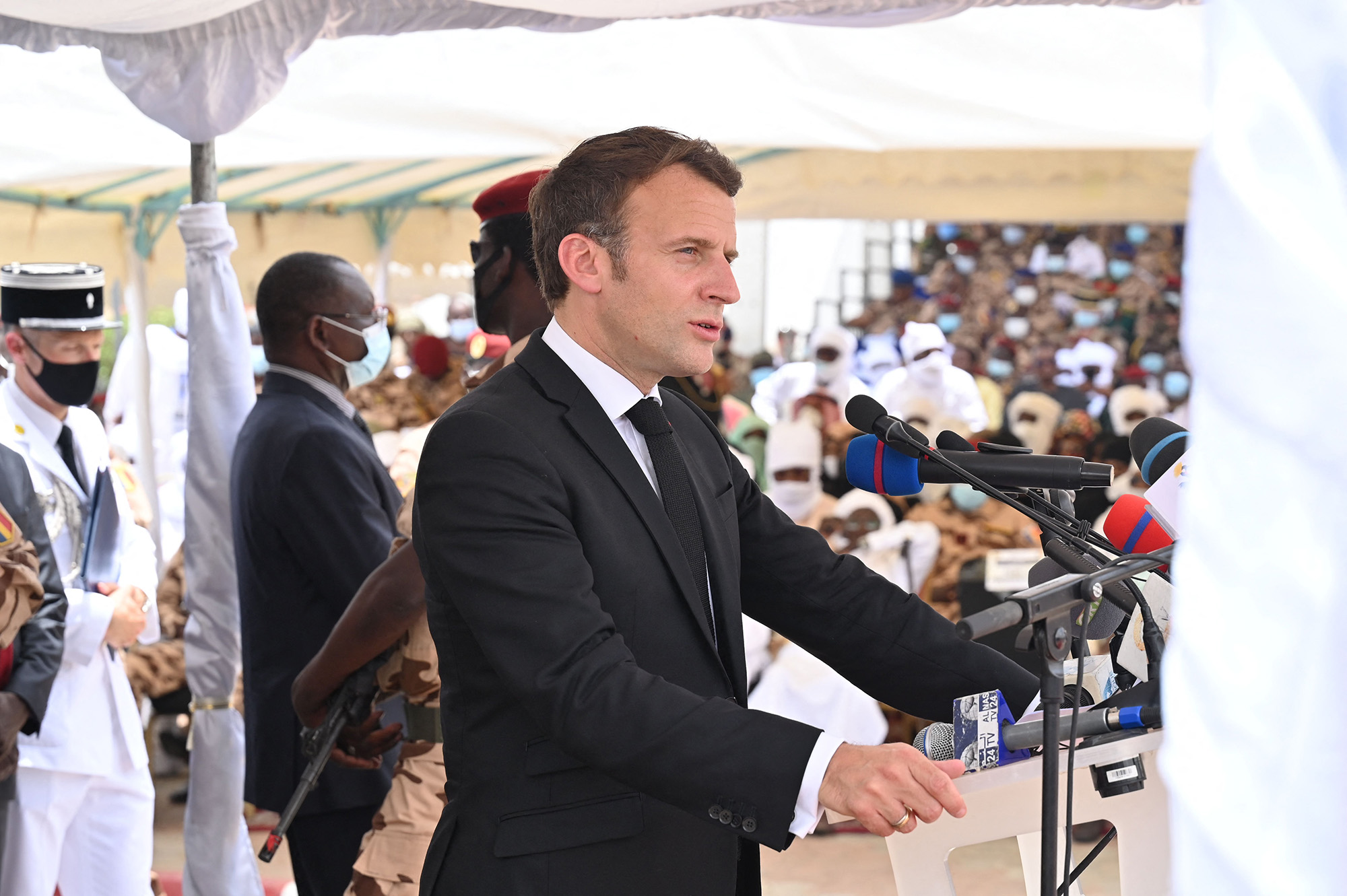 Emmanuel Macron delivers a speech during the state funeral for Chadian President Idriss Deby in N'Djamena on April 23.