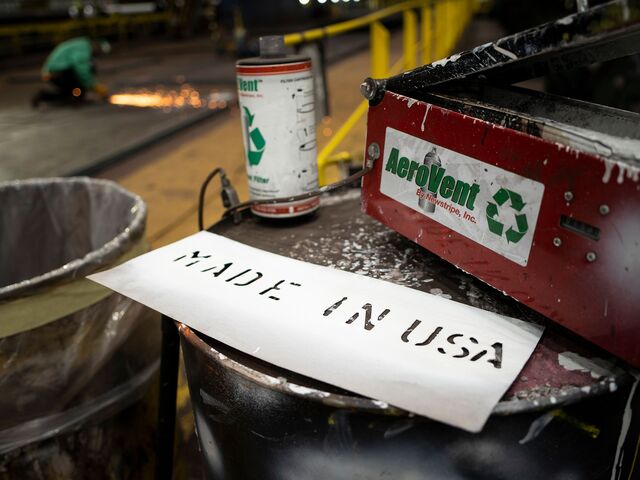 A “Made in USA” stencil sits out ready to be used on sheets of high-grade metal produced at JSW Steel Mill in Baytown, Texas on Wednesday, February 5, 2020.