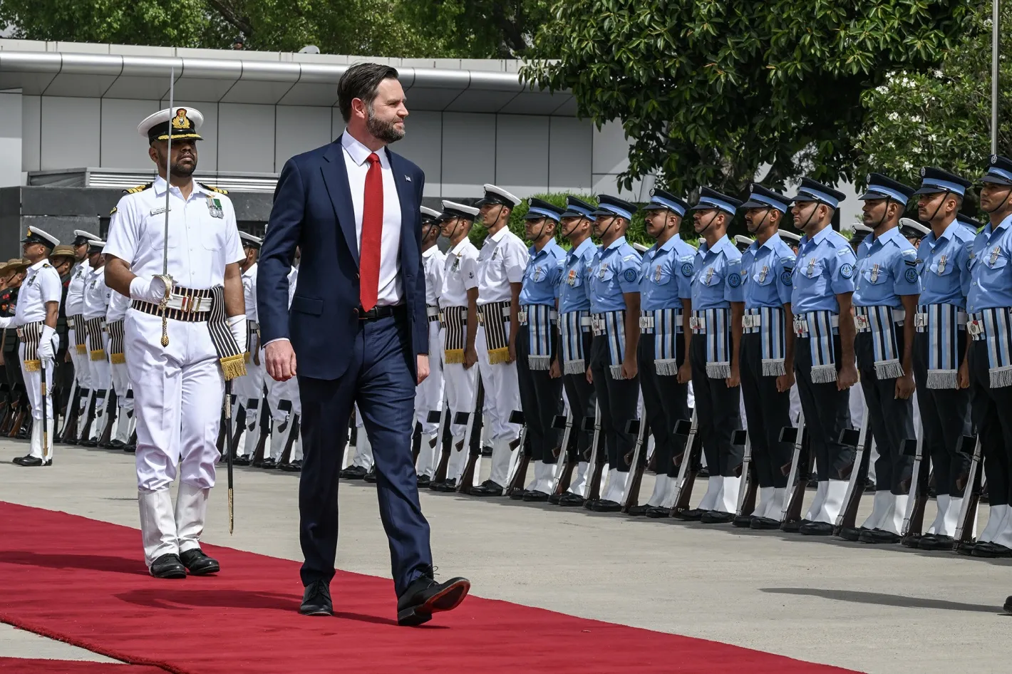 JD Vance reviews troops upon arrival&nbsp;in New Delhi, India, on April 21.&nbsp;