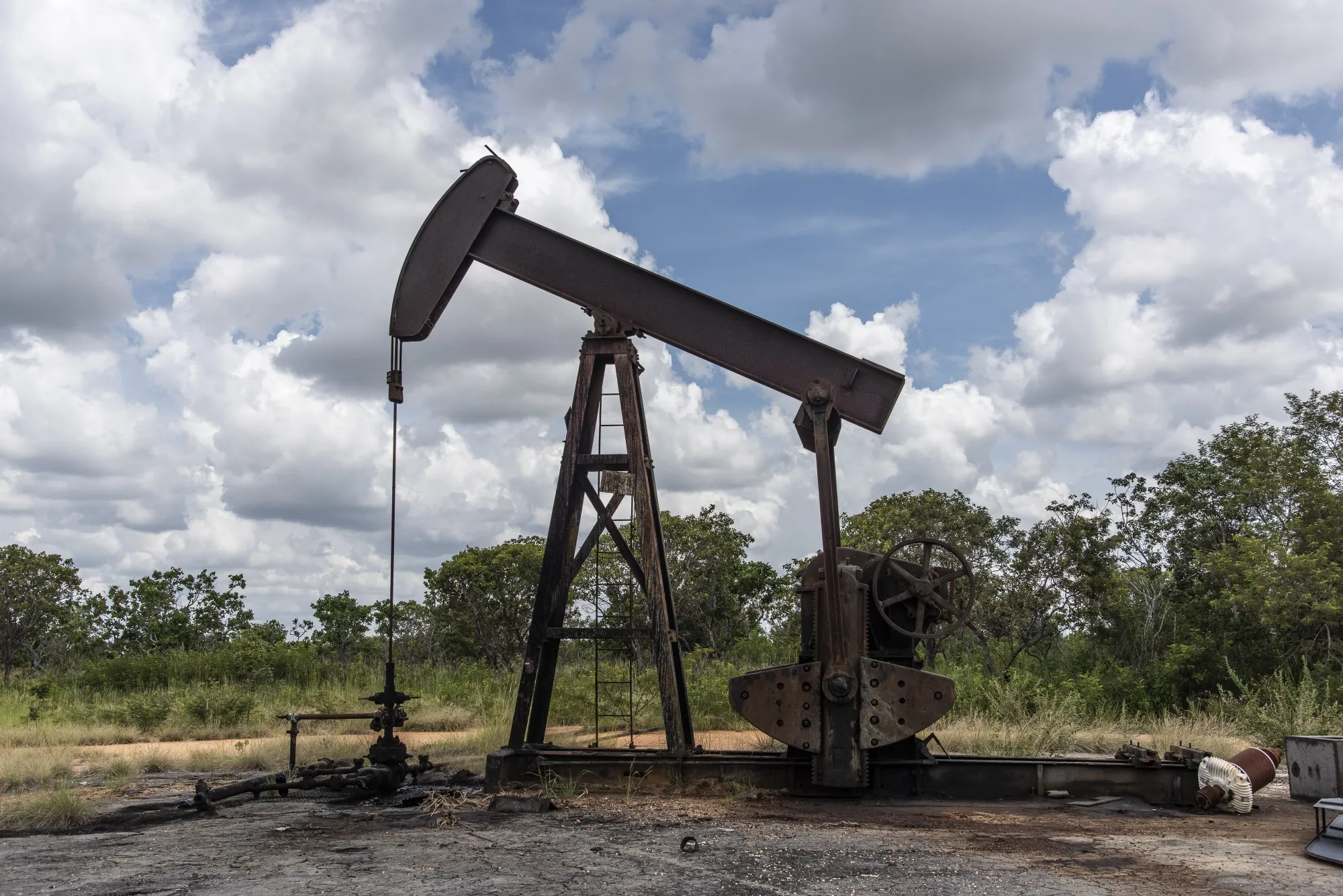 An oil pump jack in the Orinoco Belt of El Tigre, Venezuela, in 2018.&nbsp;