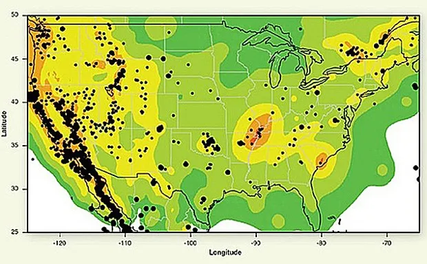 Seismicity in the contiguous United States between 2009 and 2012. Black dots denote earthquakes with a magnitude greater than 3.0. 