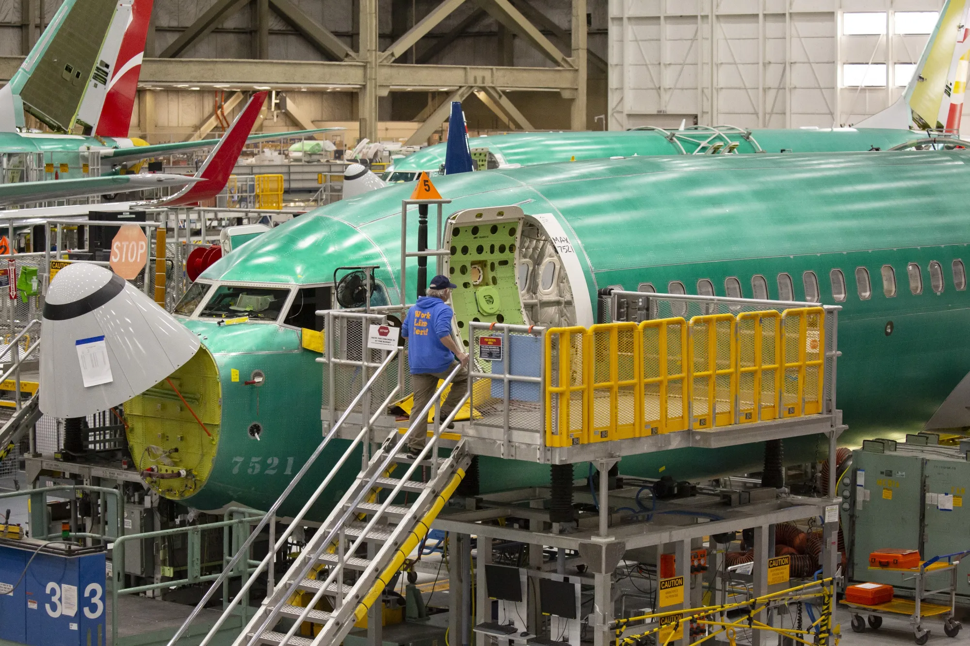 A Boeing737 Max airplane on the production line at the company's manufacturing facility in Renton, Washington.