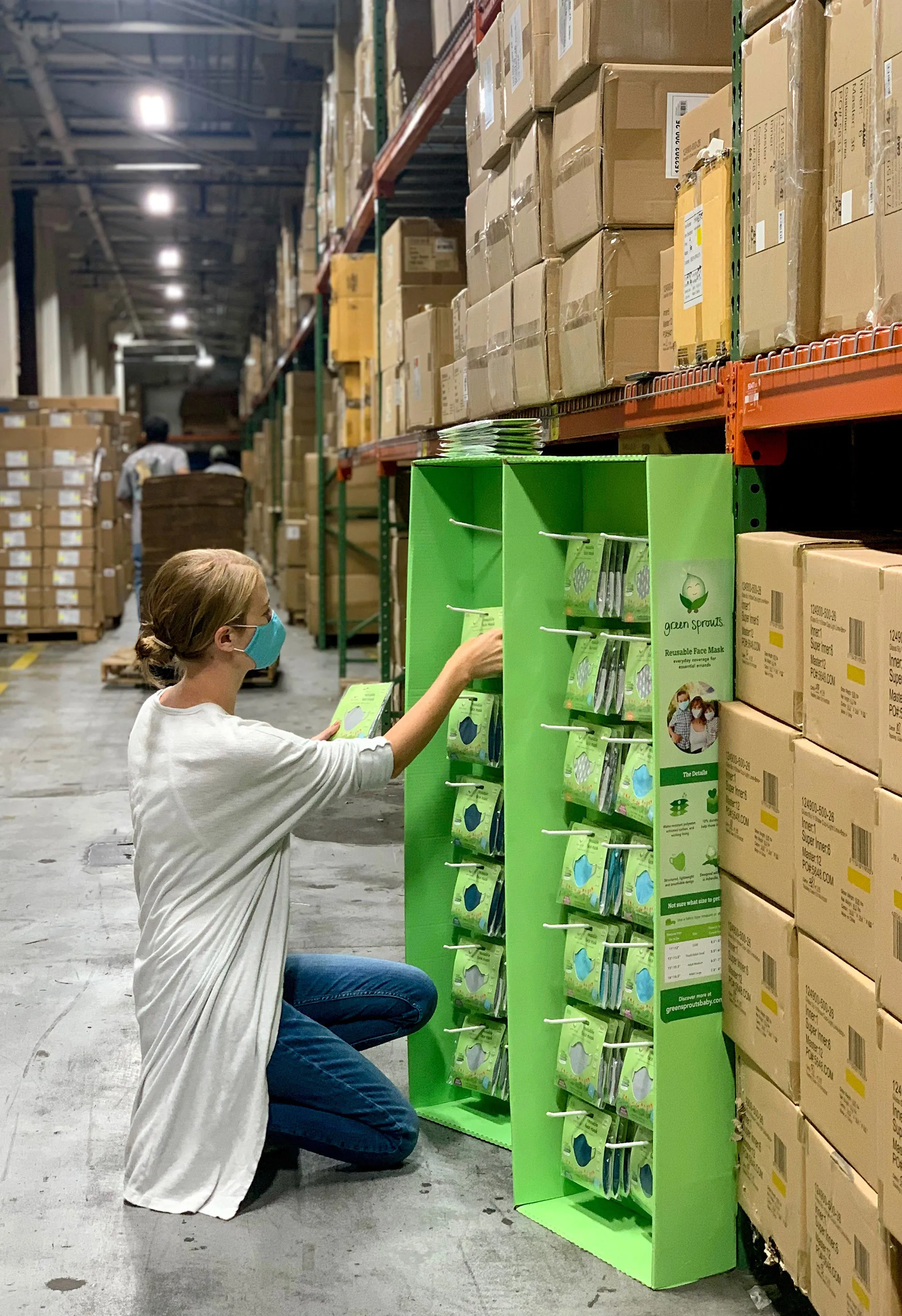 Masks being prepared for sale in the Green Sprouts warehouse.